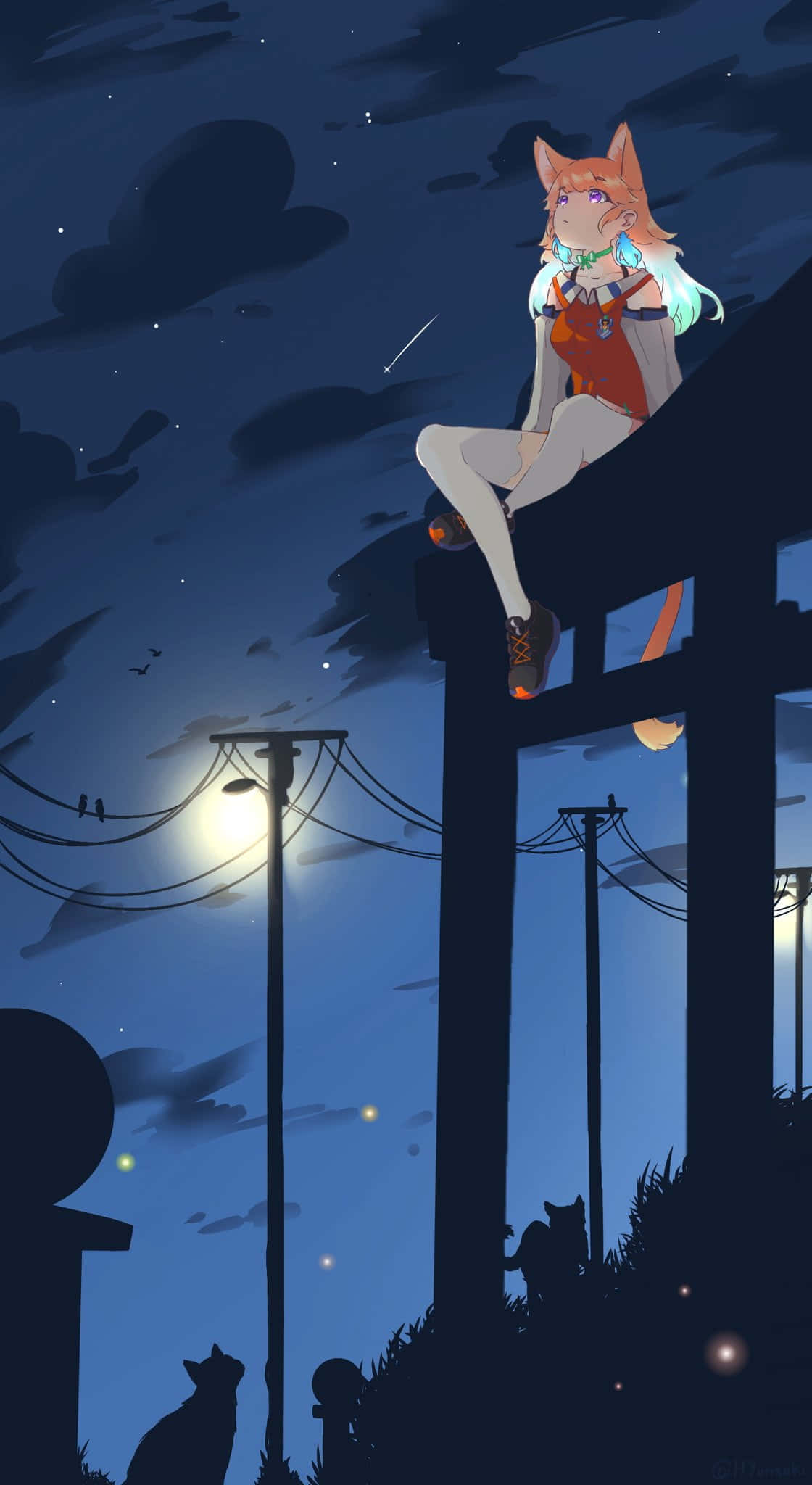 Chill Anime Phone 桌布 壁紙 — 一個狐耳動漫女孩坐在黑暗的大門上，下方是星空夜空，發光的街燈和貓的剪影。