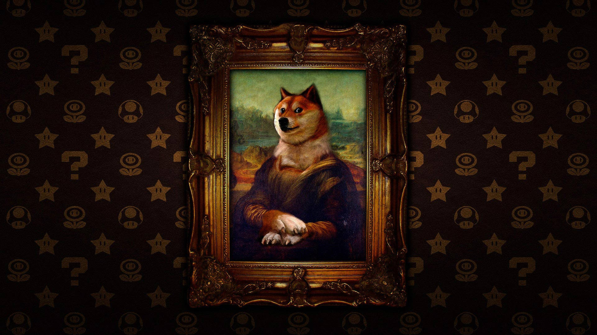 Doge 桌布 壁紙 — 一個狗狗迷因在古典繪畫中取代了蒙娜麗莎，框在一個帶有重複問號和蘑菇的深色壁紙上。