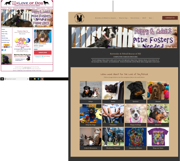 比特犬 桌布 壁紙 — 一個狗隻救援組織的網站首頁，展示羅威納犬和比特犬在不同環境中的照片，並附有行動呼籲按鈕。