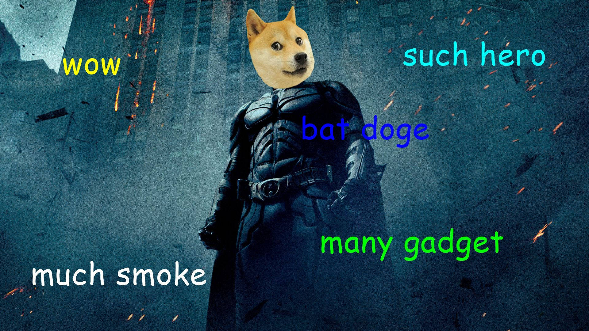 Doge 桌布 壁紙 — 一個狗頭蝙蝠俠站在煙霧瀰漫的廢墟城市景觀中，周圍漂浮著文字迷因。