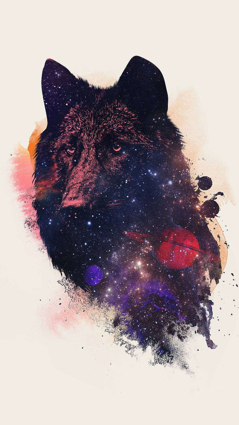 狼頭，皮毛內有星系和行星。 — 銀河狼 壁紙