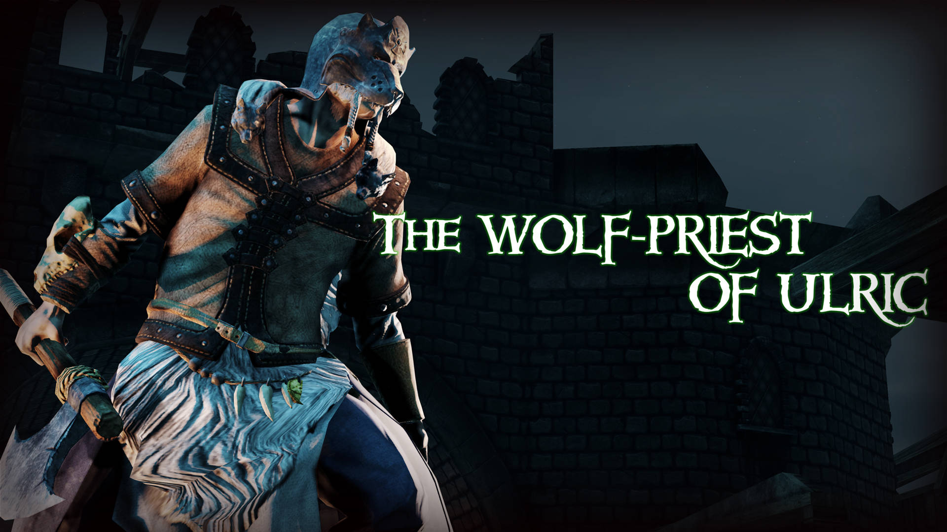 mordheim city of the damned 桌布 壁紙 — 一個狼頭祭司穿著破爛長袍，站在昏暗暮色天空下搖搖欲墜的石牆前。