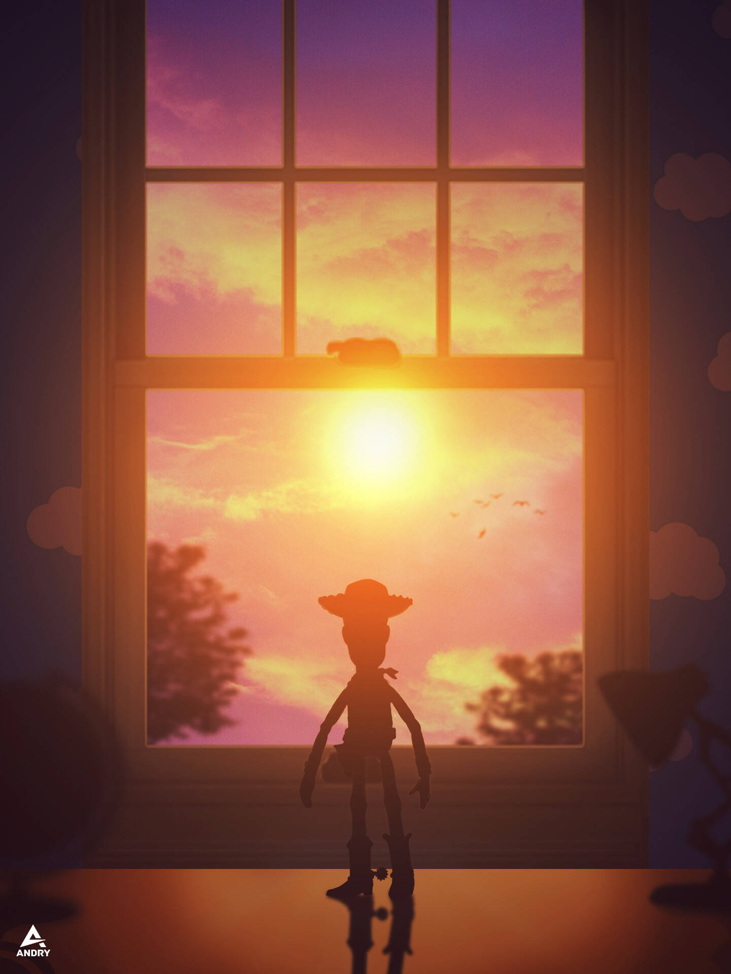 Toy Story 2 桌布 壁紙 — 一個玩具牛仔以剪影姿態站在窗前，燦爛的夕陽將溫暖的金色光芒灑滿房間。