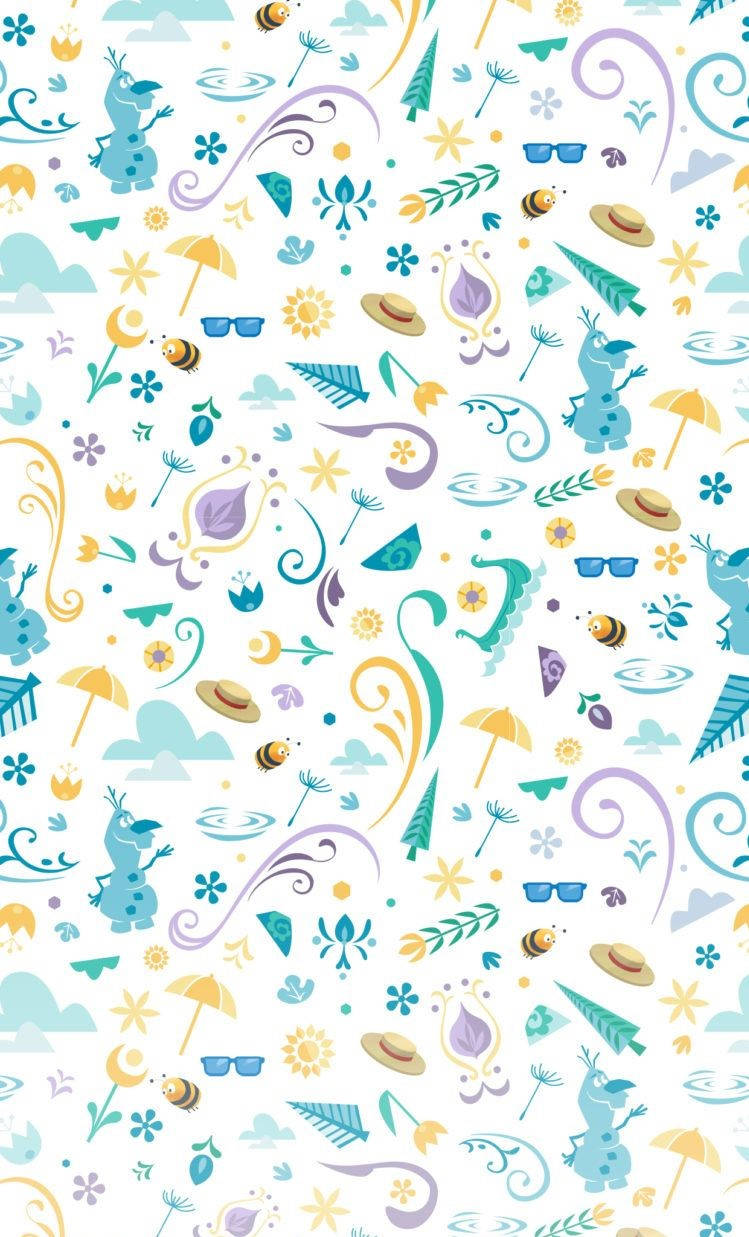 Disney Pattern 桌布 壁紙 — 一個玩味十足的圖案，以《冰雪奇緣》的雪寶為主角，配上蜜蜂帽、雨傘和花朵，採用粉彩色調，白色背景。