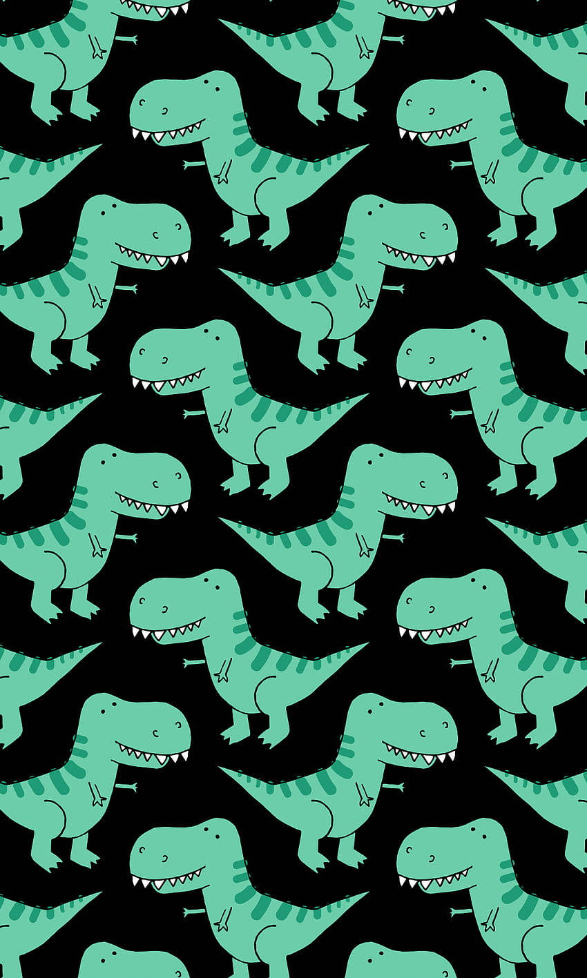 Cute Dinosaur Pattern 桌布 壁紙 — 一個玩味十足的圖案，以純黑色背景上帶有尖牙和條紋背部的青綠色卡通T-Rex恐龍為特色。