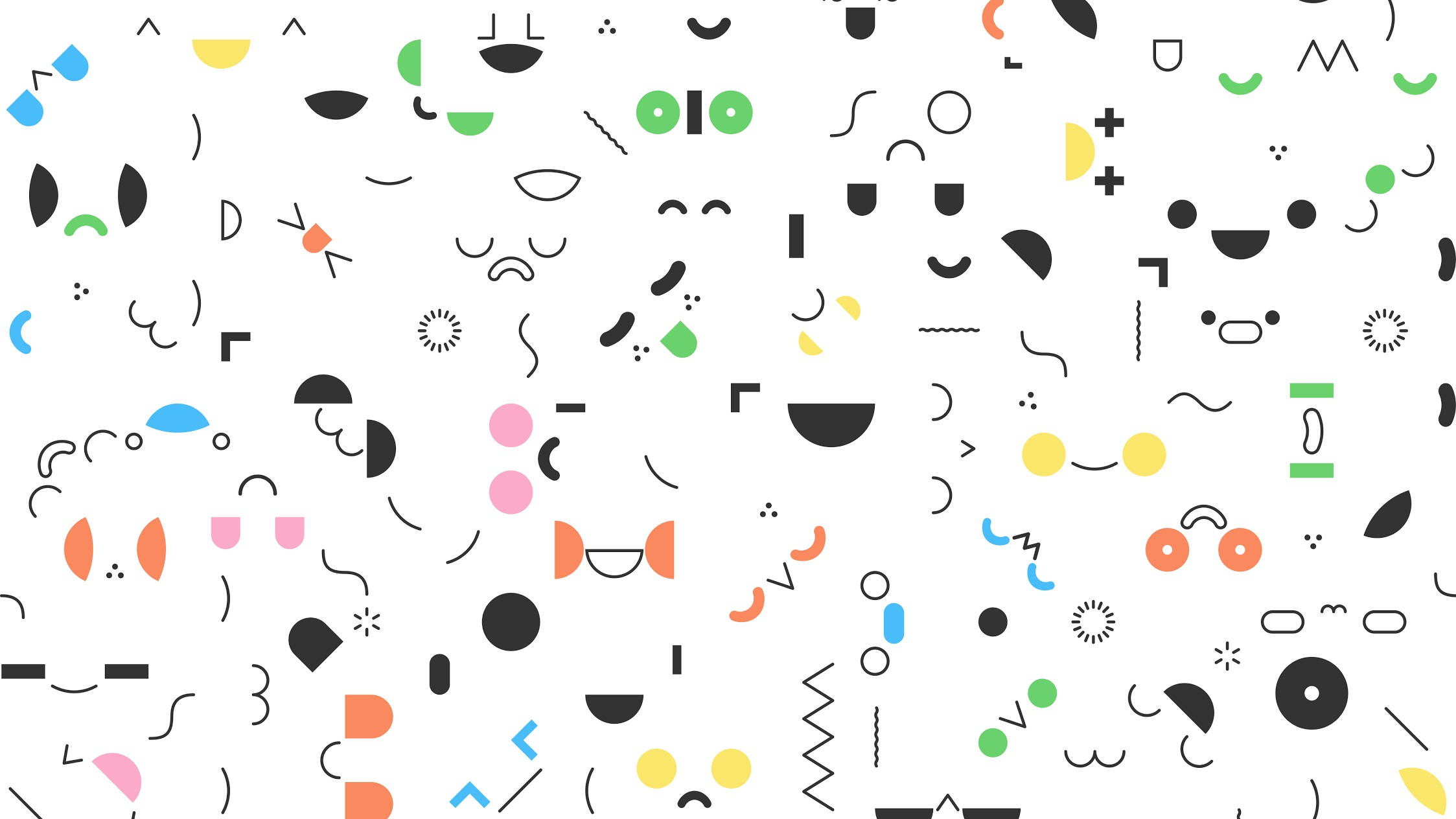 Toca 桌布 壁紙 — 一個玩味十足的圖案，由抽象幾何形狀和極簡臉孔組成，以鮮豔色彩呈現於白色背景上。