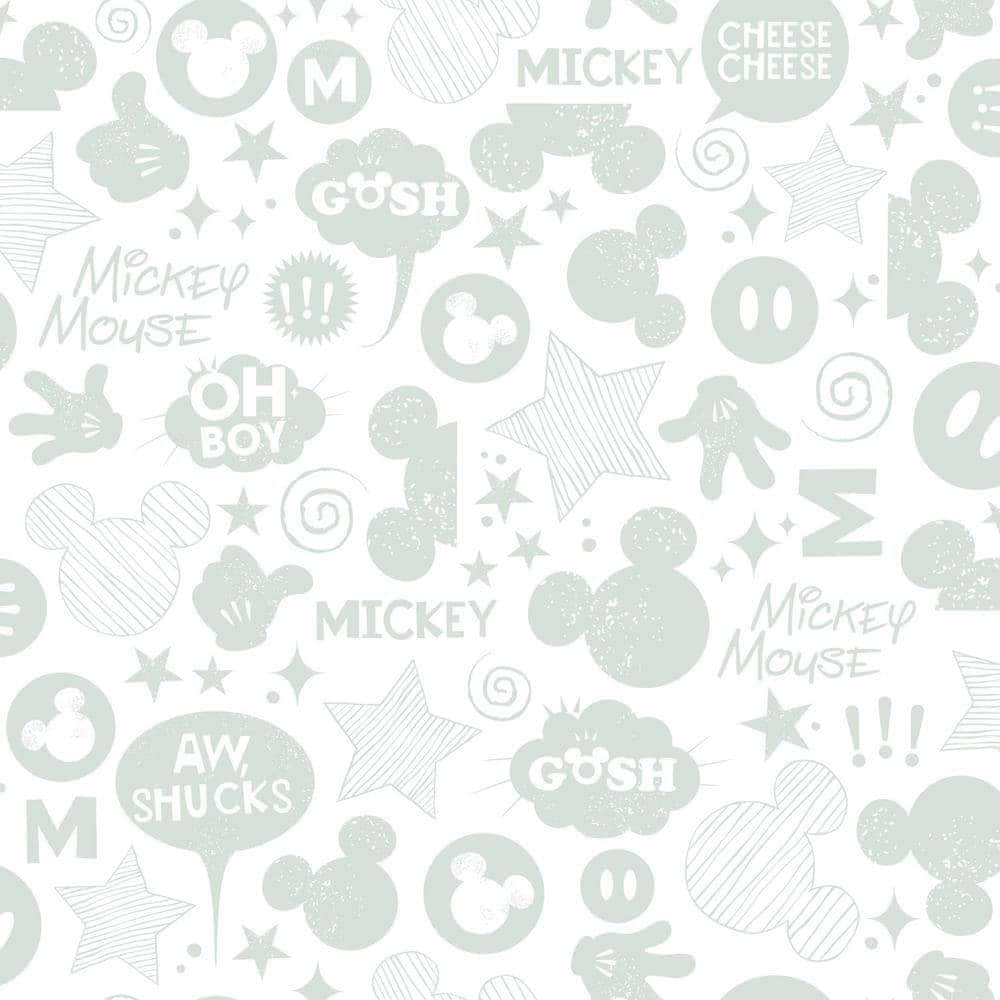 Mickey Mouse Home 桌布 壁紙 — 一個玩味十足的薄荷綠色壁紙圖案，以白色背景襯托米奇老鼠圖標、對話氣泡和星星。