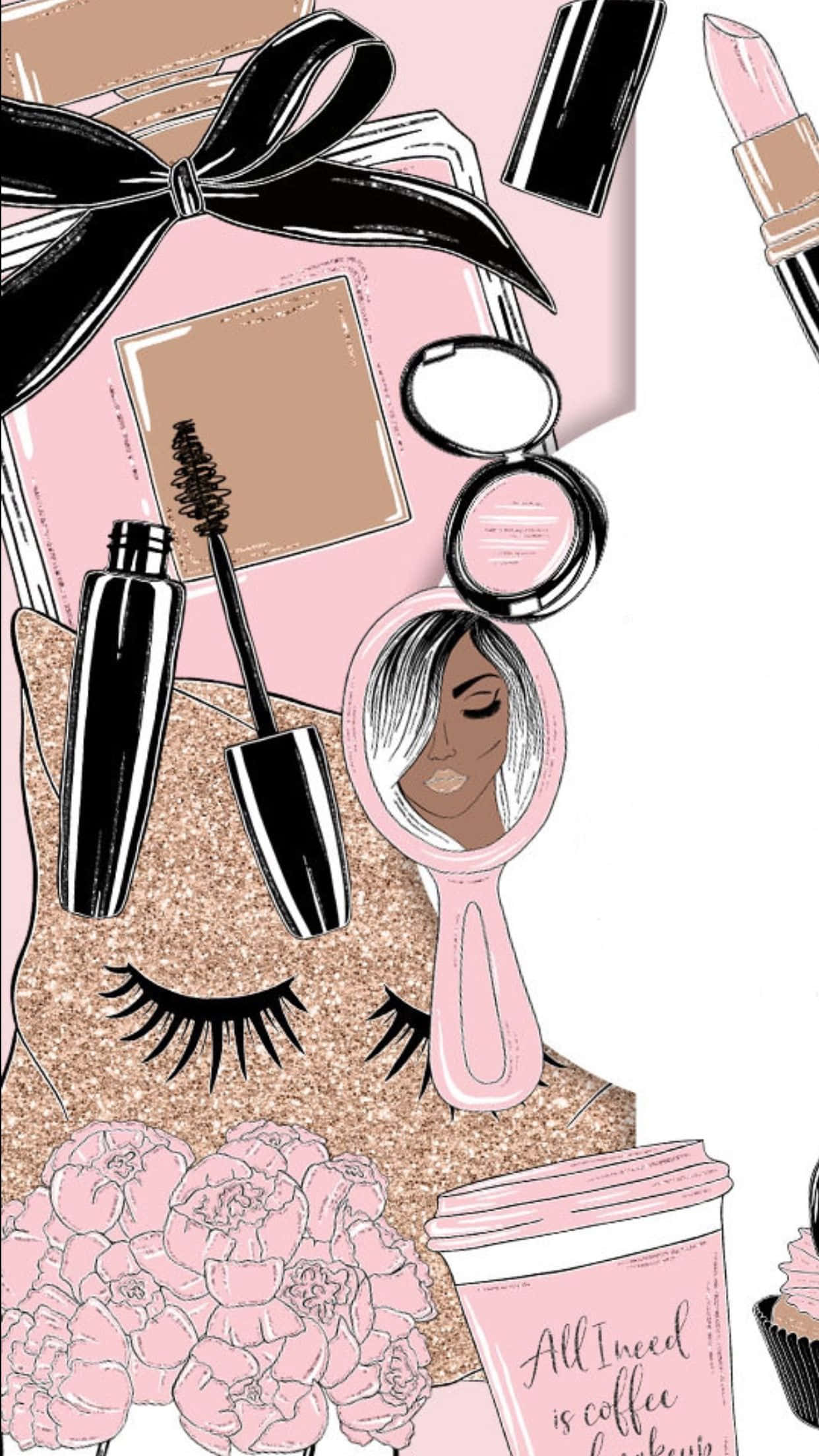 Cute Makeup 桌布 壁紙 — 一個玩味的粉紅和黑色插圖拼貼，包含化妝品、咖啡和花朵，並有一面鏡子映照出女性的臉龐。