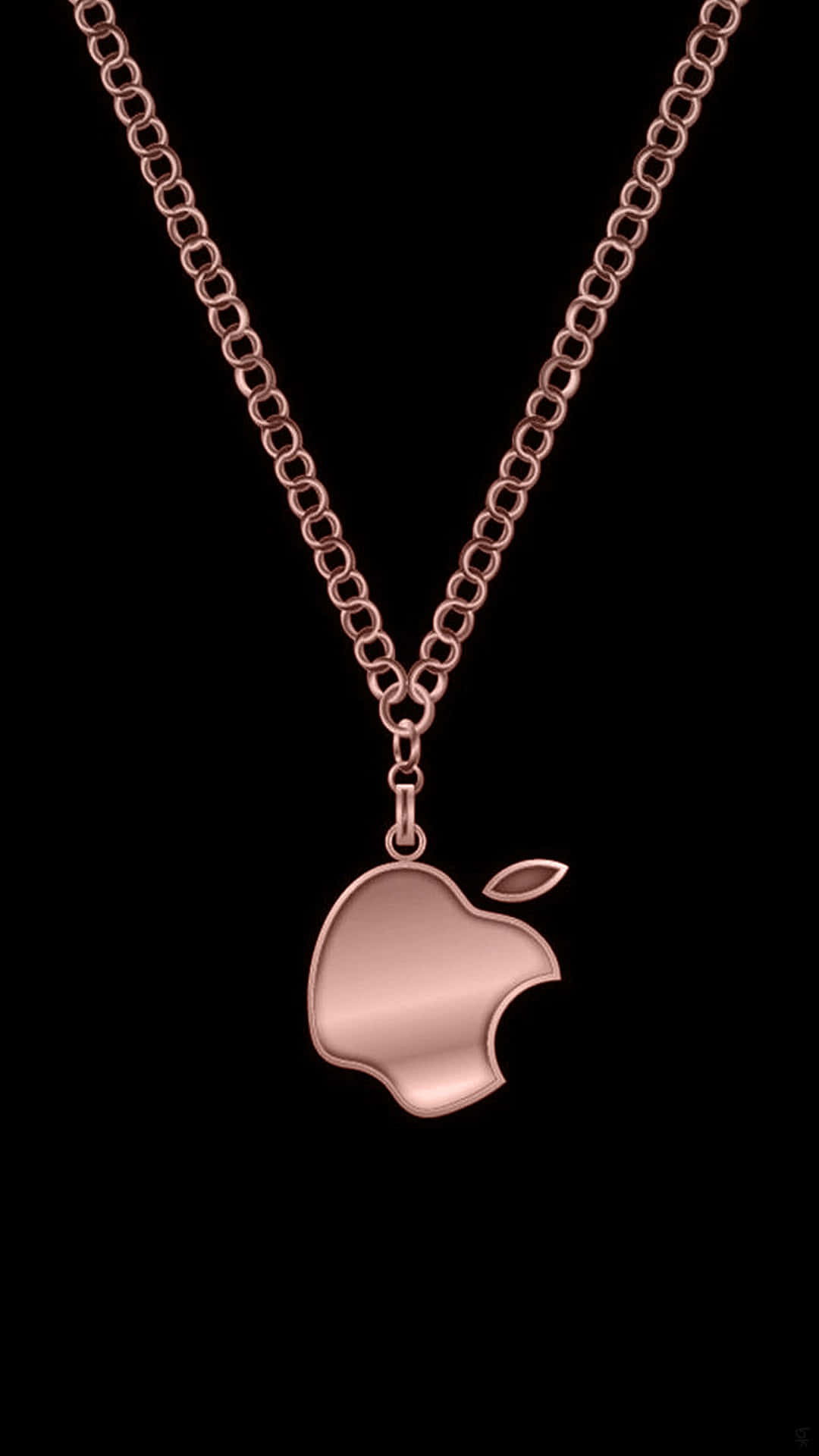 Black And Rose Gold iPhone 桌布 壁紙 — 一個玫瑰金色Apple標誌吊墜掛在相配的鏈條上，背景是純黑色。