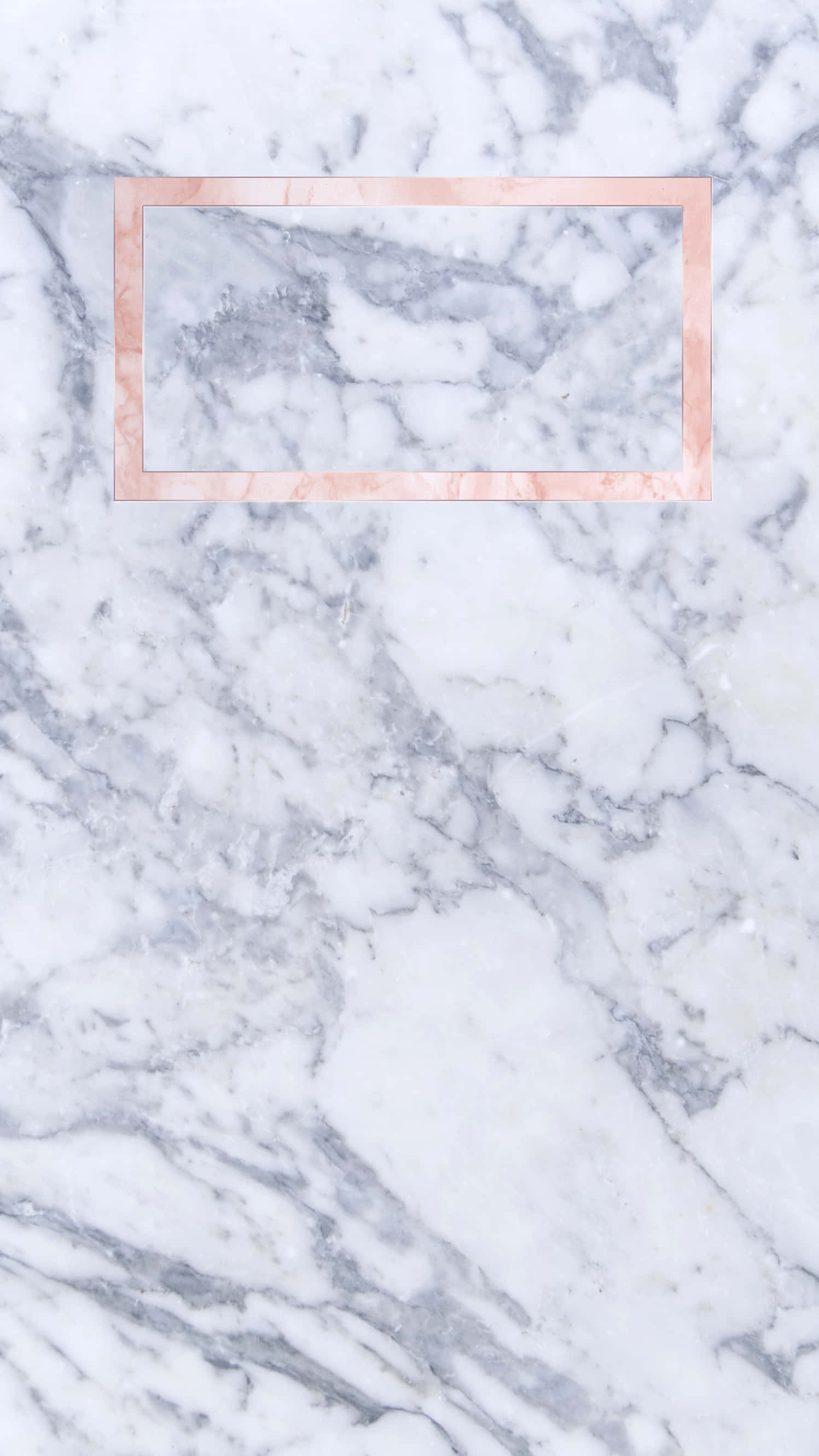 Marble iPad 桌布 壁紙 — 一個玫瑰金長方形相框放在白色和灰色紋理的大理石表面上，帶有優雅的自然圖案。
