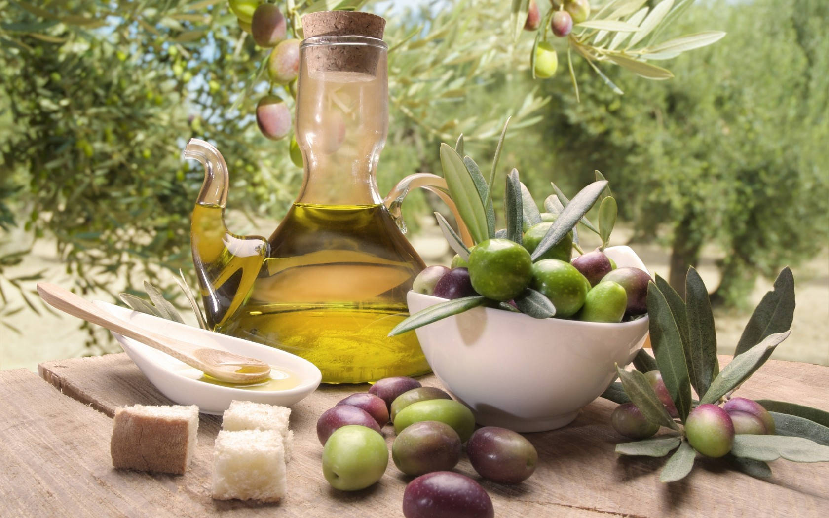 Olive 桌布 壁紙 — 一個玻璃壺和新鮮橄欖碗放在橄欖樹枝下的木桌上，附近有麵包塊。