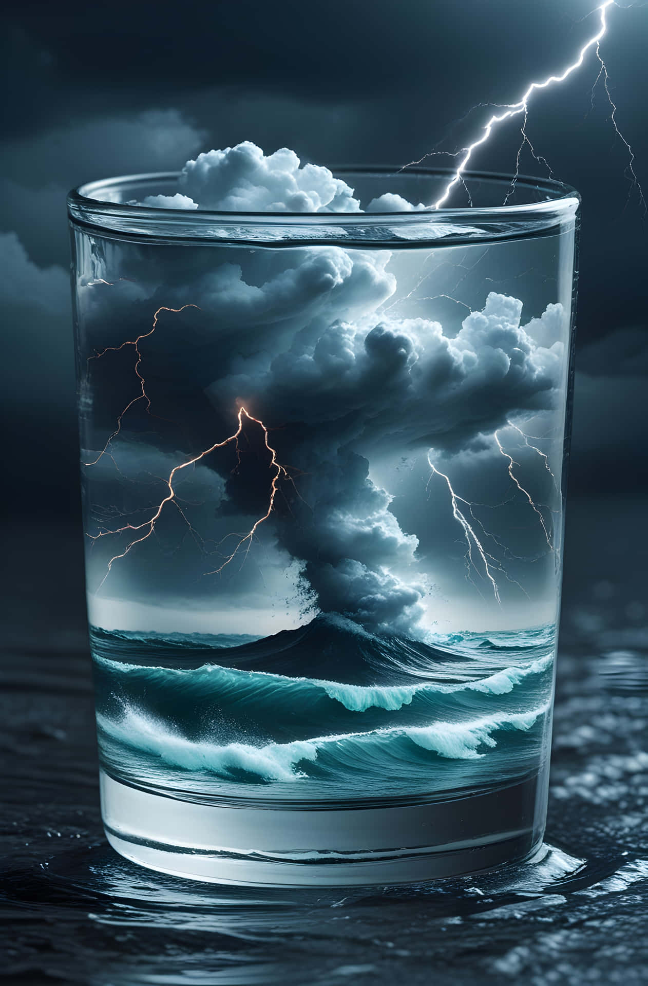 Ocean Storm Conceptual Glass 壁紙 — 一個玻璃杯內含一個微型風暴，閃電雲在海洋波浪上撞擊。