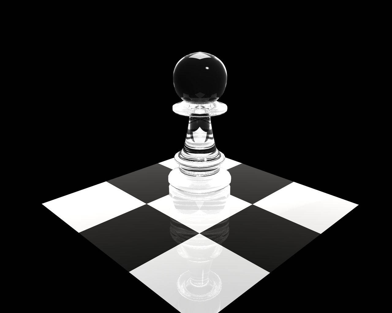 西洋棋 桌布 壁紙 — 一個玻璃棋子站在反射黑白棋盤的中央，背景是純黑色。