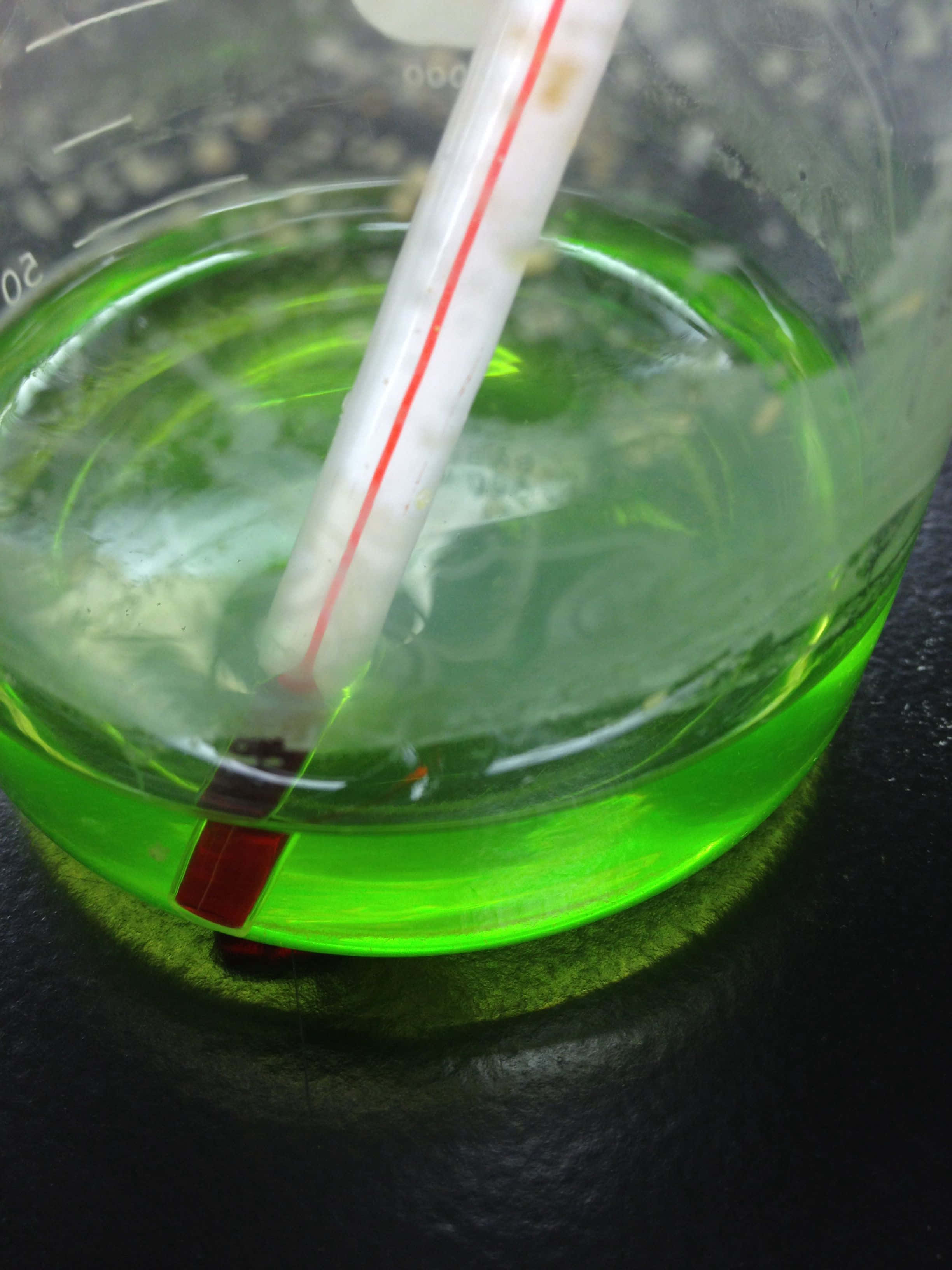 Green Chemistry 桌布 壁紙 — 一個玻璃燒杯的特寫，裡面裝滿了充滿活力的綠色液體，並浸入了一個溫度計。