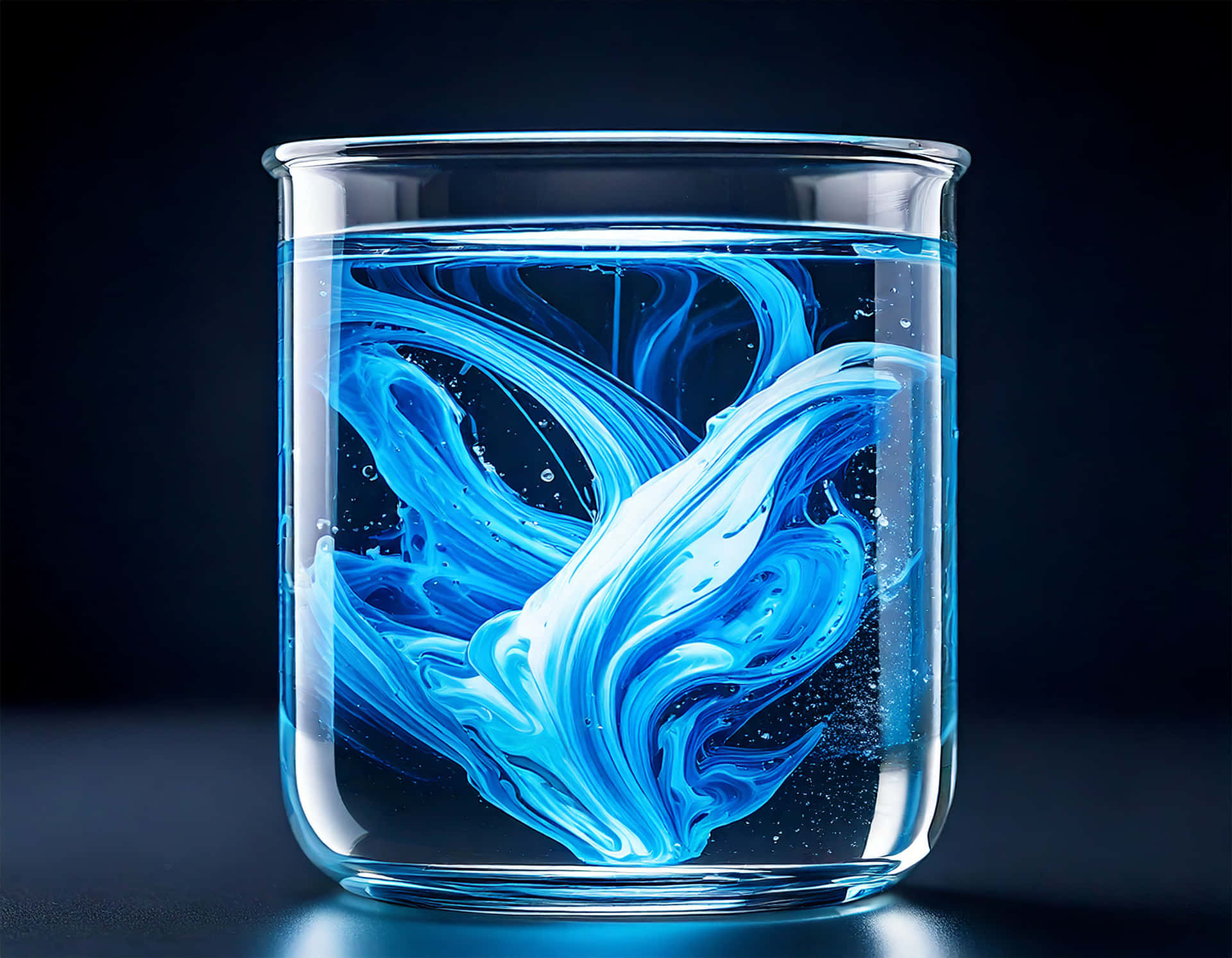 Glass Beaker 壁紙 — 一個玻璃燒杯盛裝著旋轉的藍色和白色液體，在深色背景上形成抽象的流動圖案。