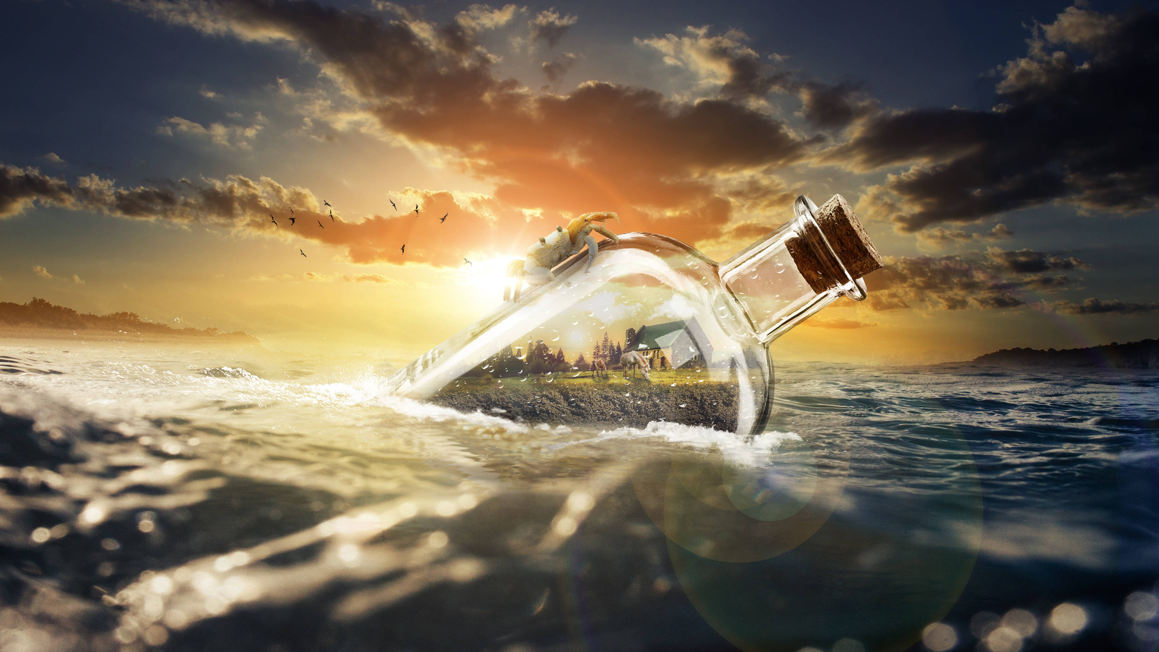drifting 桌布 壁紙 — 一個玻璃瓶在日落時漂浮在海浪中，裡面有一個帶房屋和樹木的微型村莊。