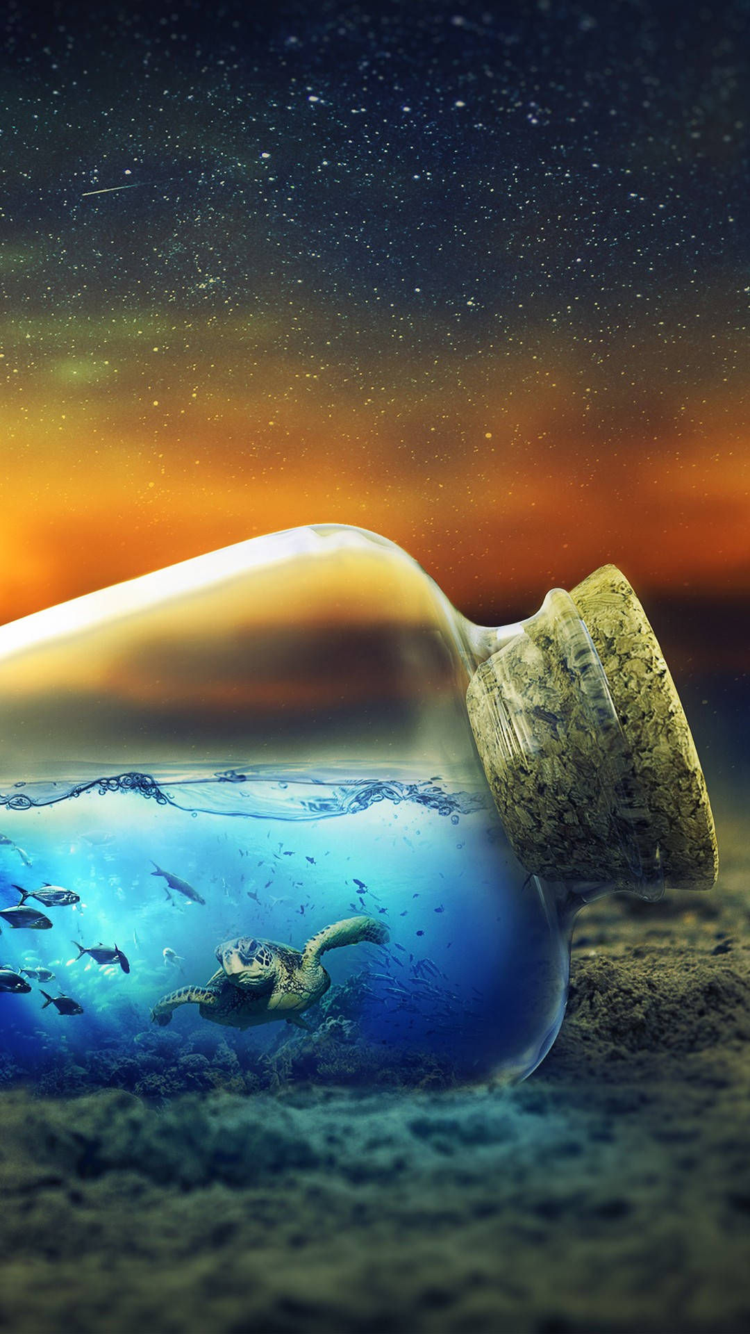 海龜在瓶中與魚群一起游動，背景是星光閃爍的黃昏天空和沙灘。 — 頂級 iPhone 桌布 壁紙