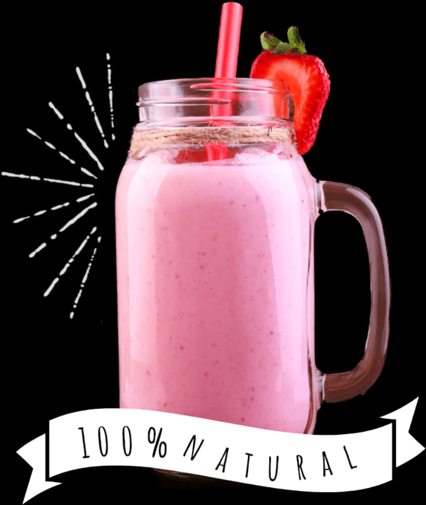 Smoothies 桌布 壁紙 — 一個玻璃罐中的鮮豔粉紅色草莓冰沙，配有紅色吸管和新鮮草莓裝飾，背景為黑色。