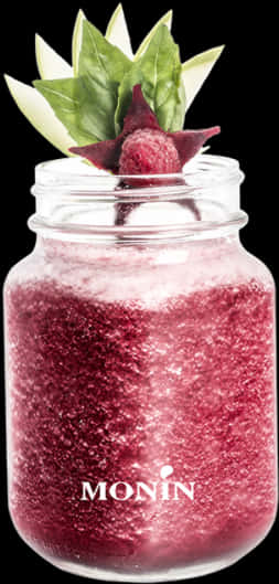 Smoothies 桌布 壁紙 — 一個玻璃罐中的鮮豔覆盆子飲料，上面放有新鮮葉子和覆盆子，背景為黑色。