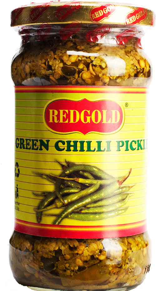 醃黃瓜 桌布 壁紙 — 一個玻璃罐裝的Redgold青辣椒醬，可見辣椒和香料，襯以鮮黃色標籤。