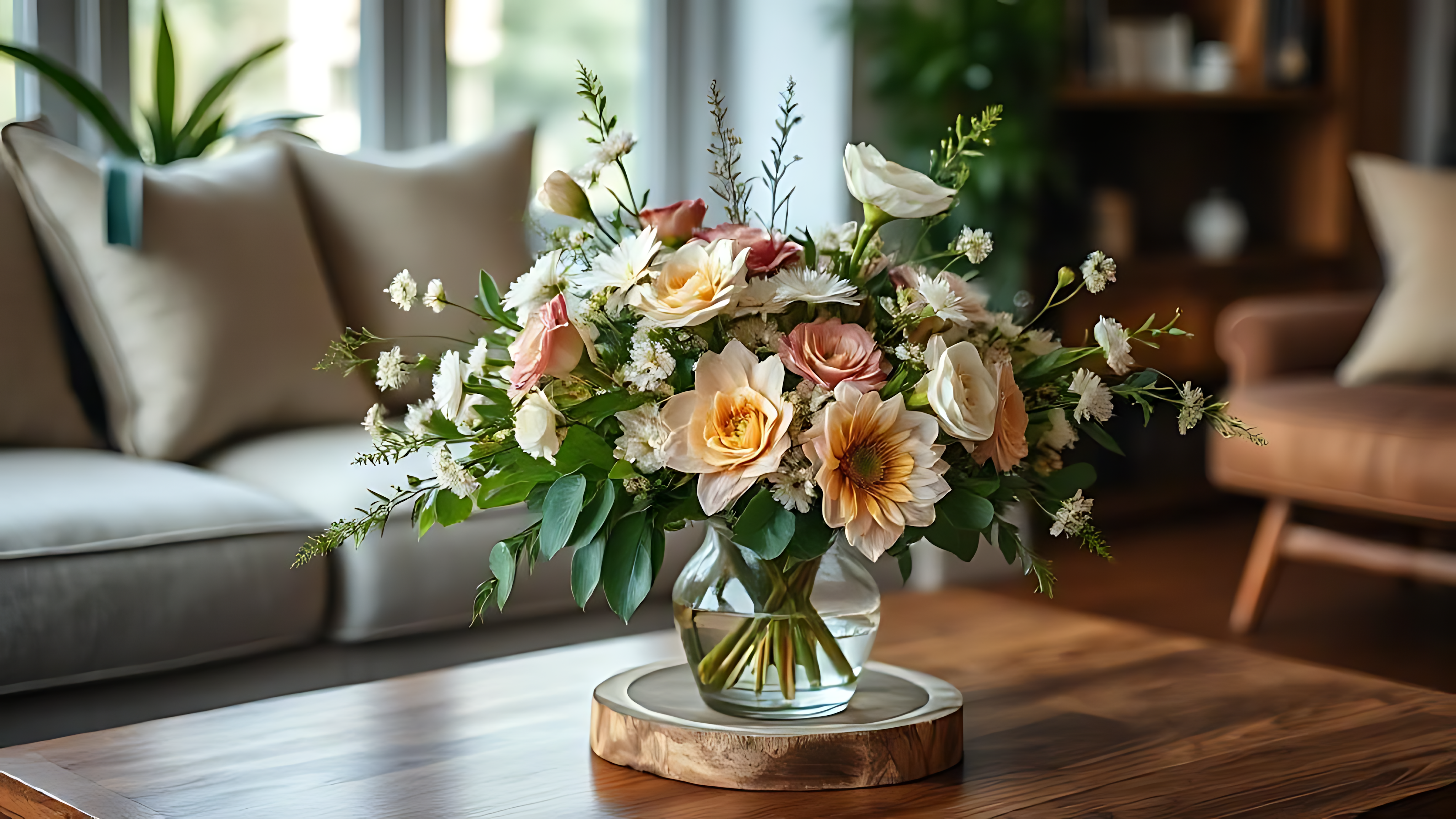 Bouquet 桌布 壁紙 — 一個玻璃花瓶中的鮮豔花卉擺設放在舒適客廳的木製咖啡桌上，伴隨著柔和自然光。