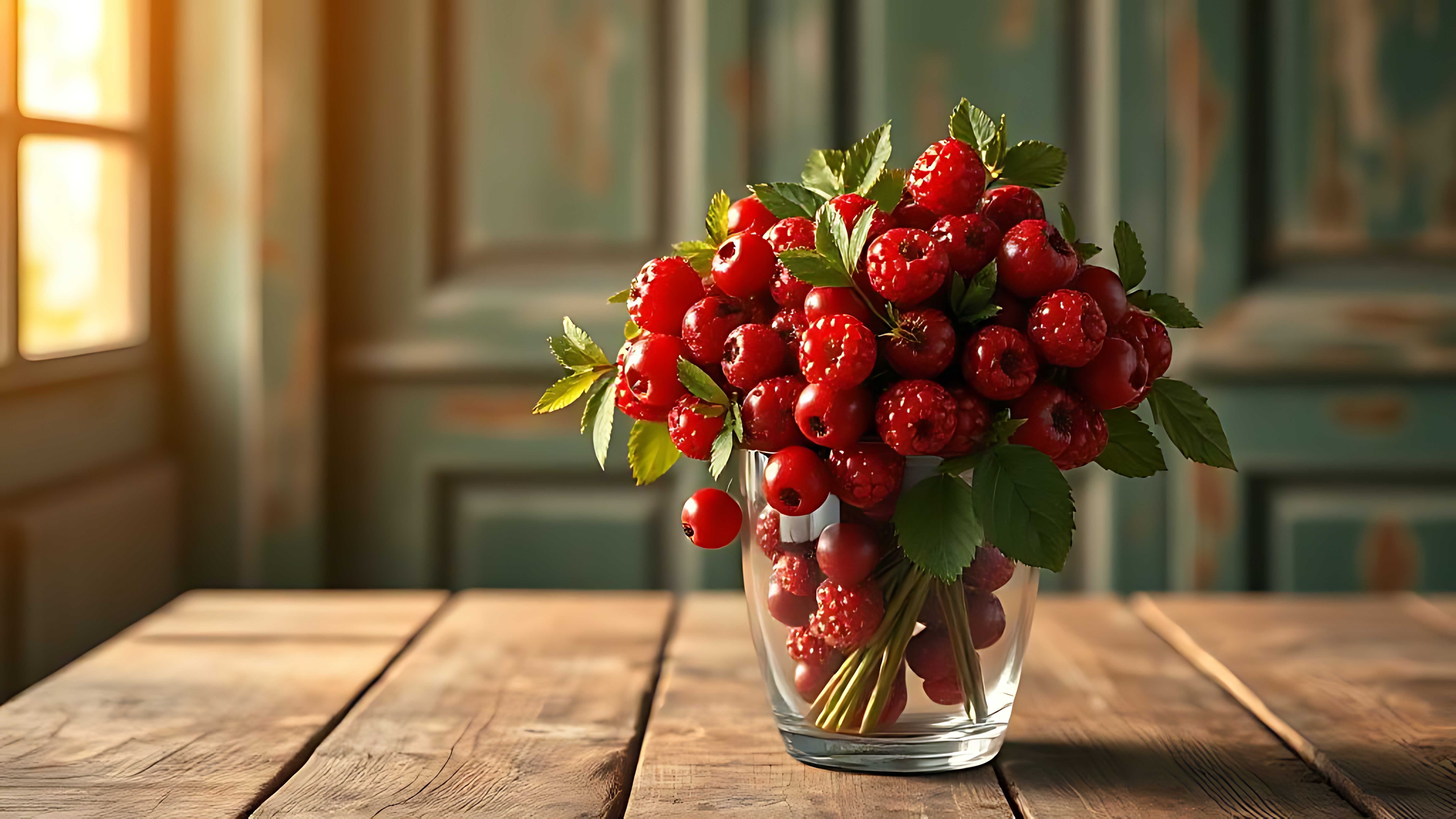 Flowers 桌布 壁紙 — 一個玻璃花瓶盛滿鮮紅的覆盆子和綠葉，放在一張質樸的木桌上，沐浴在附近窗戶灑進的溫暖陽光中。