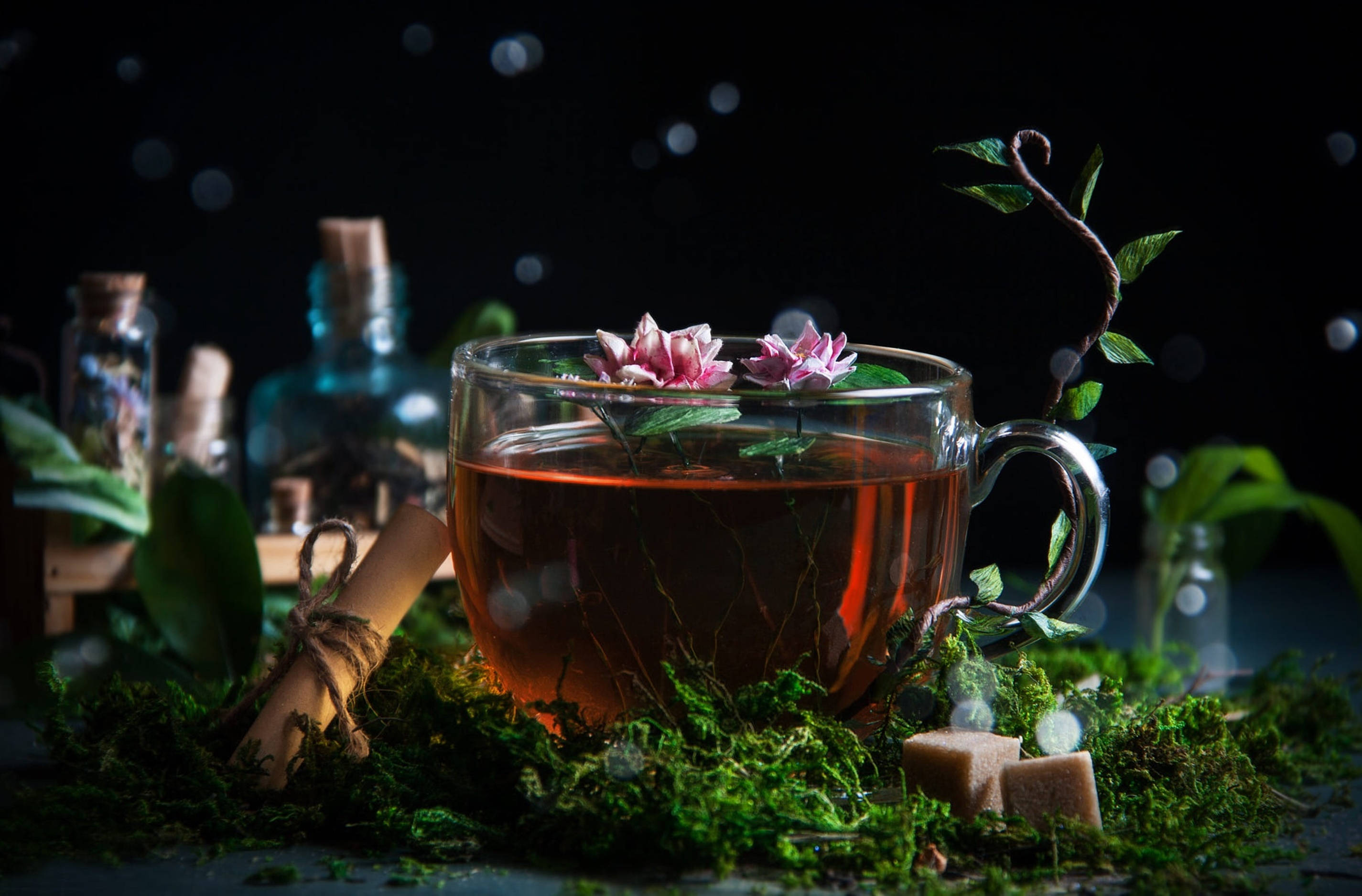 Garden 桌布 壁紙 — 一個玻璃茶杯，盛滿琥珀色茶和漂浮的粉紅花朵，放在苔蘚上，配以方糖和香草，處於陰暗憂鬱的環境中。