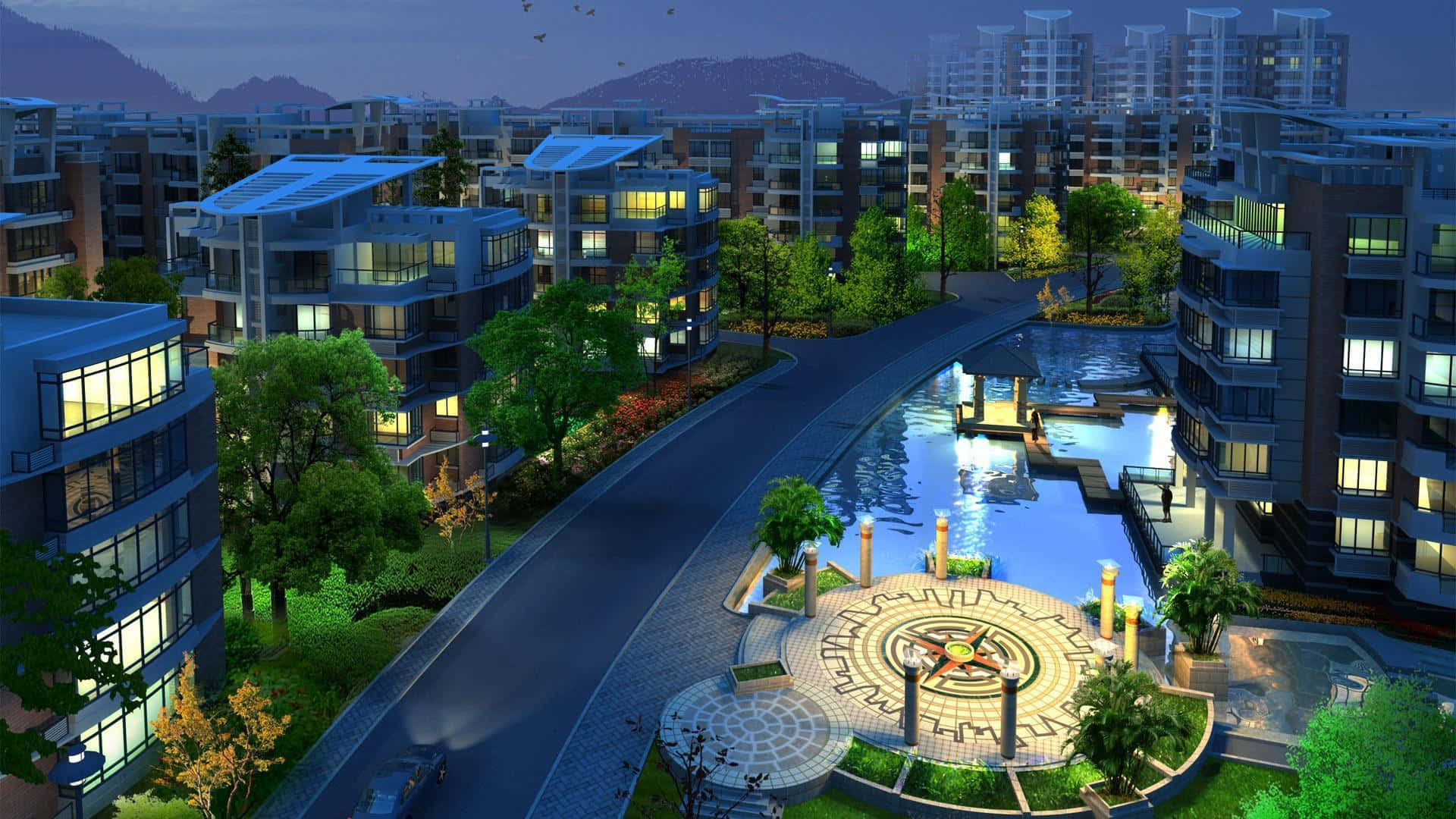 3d City 桌布 壁紙 — 一個現代住宅區的寧靜暮色景觀，發光的窗戶環繞著中央水景和園林花園蜿蜒而行。