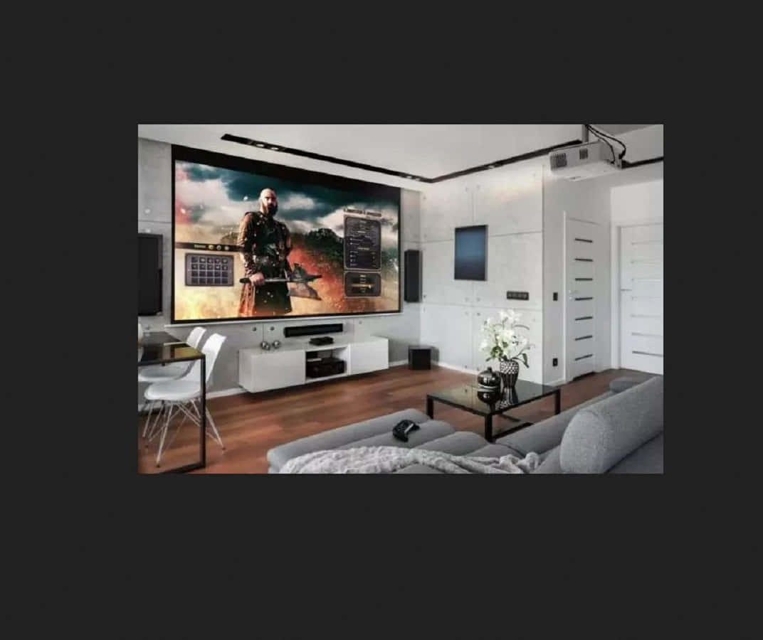 Home Entertainment 桌布 壁紙 — 一個現代客廳，配有大螢幕，顯示一個奇幻遊戲角色在戲劇性場景中。