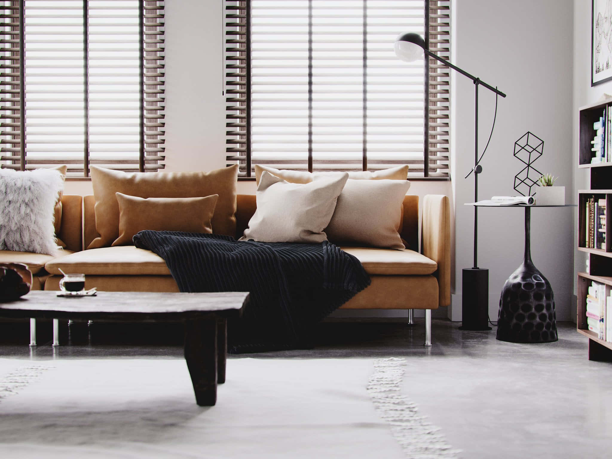 Living Room 桌布 壁紙 — 一個現代客廳，配有棕褐色沙發、黑色毛毯、木製咖啡桌和落地燈，位於明亮的窗簾下。