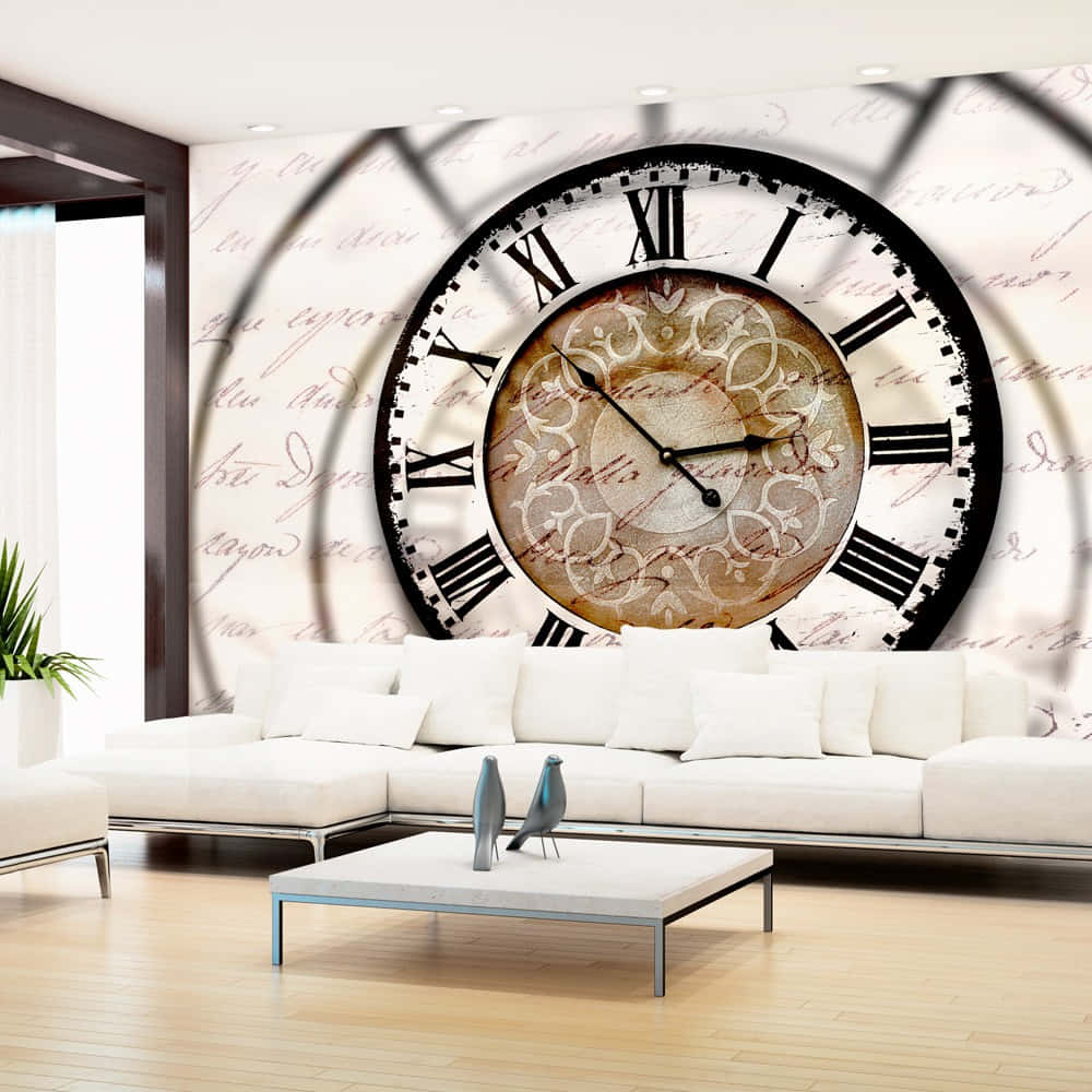 Interior Design 桌布 壁紙 — 一個現代客廳的特色是白色組合沙發後面的牆上有一個大型復古時鐘壁畫，帶有羅馬數字和草書字體。