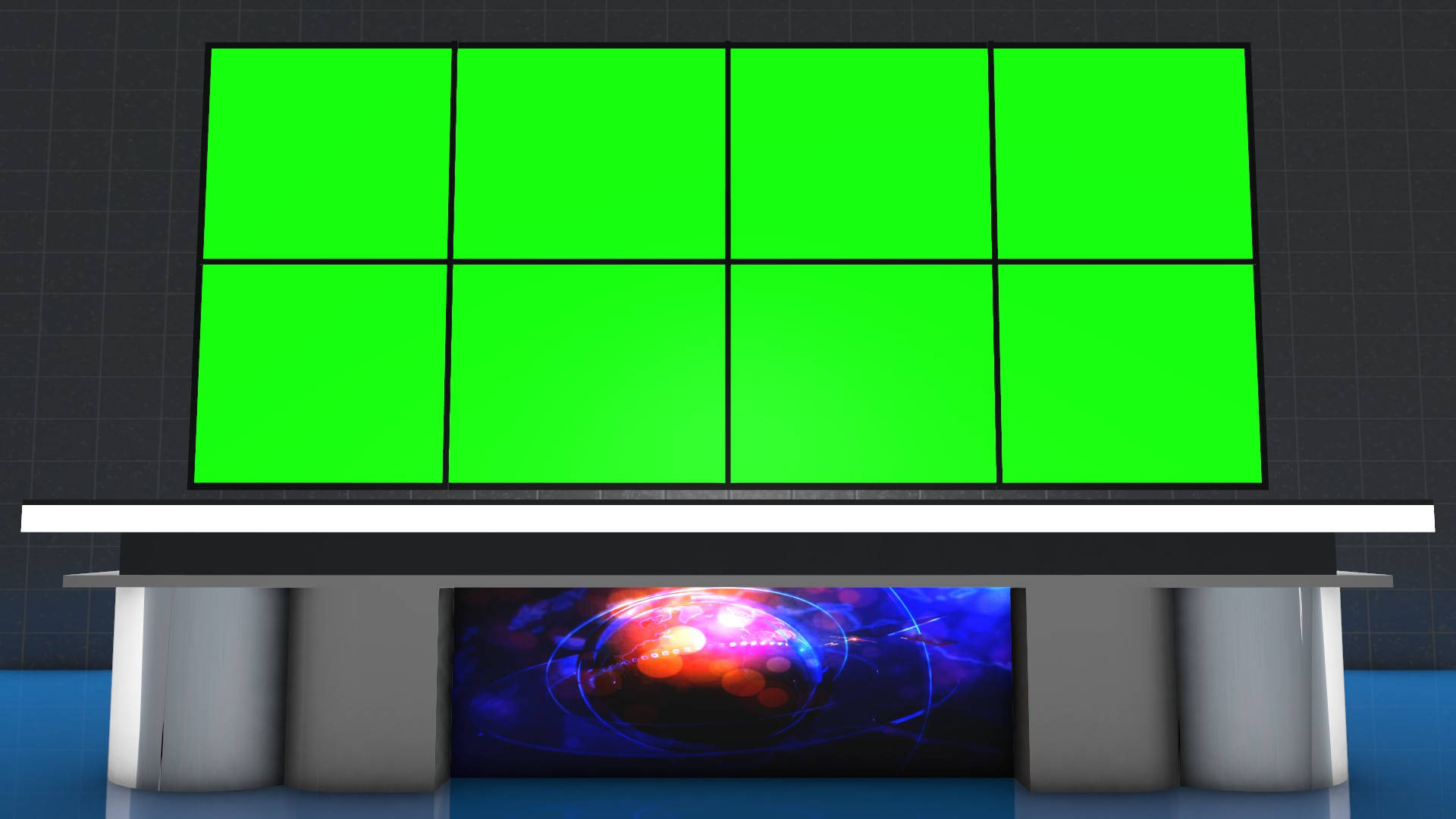 Green Screen 桌布 壁紙 — 一個現代工作室設有大型綠色屏幕牆，上方是時尚的辦公桌，下方是發光的抽象顯示屏。