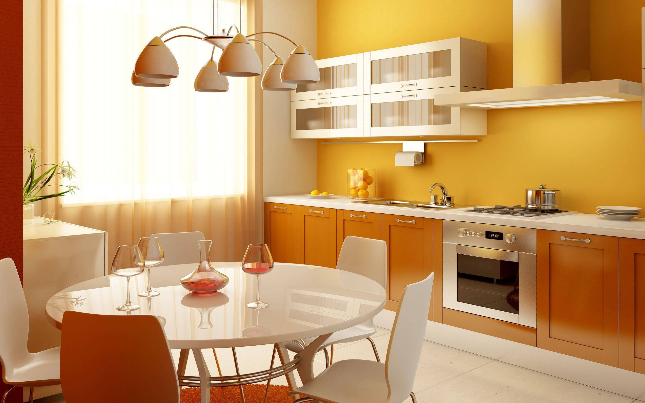 Interior Design 桌布 壁紙 — 一個現代廚房，有溫暖的黃色牆壁和橙色櫥櫃，設有一張圓形白色餐桌，在雕塑吊燈下為葡萄酒準備好。