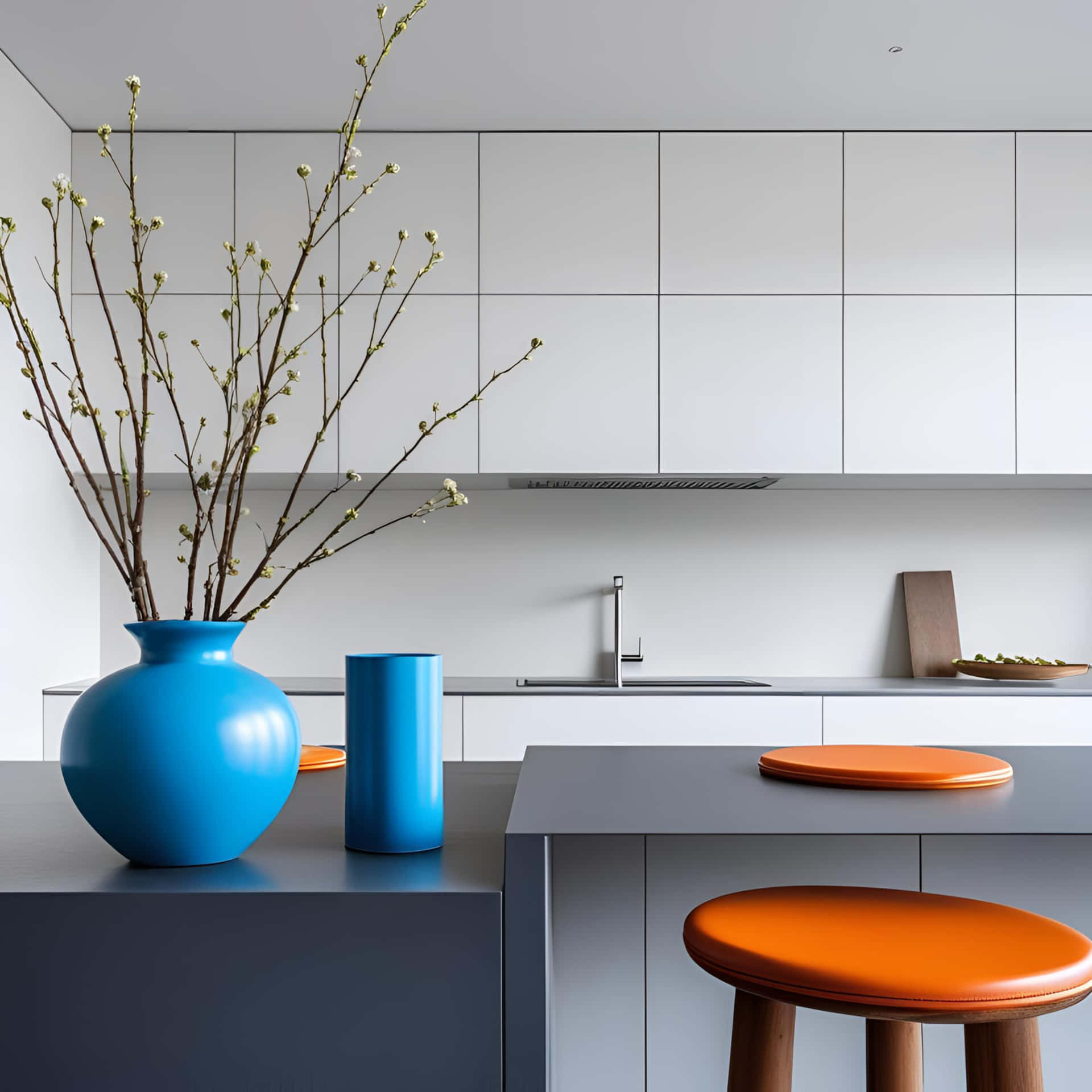 A modern kitchen with blue vases, orange stools, and white cabinets in a minimalist design style   K 壁紙 — 一個現代廚房，配有白色櫥櫃和深色檯面，擺放著大膽的藍色花瓶和鮮豔的橙色凳子。