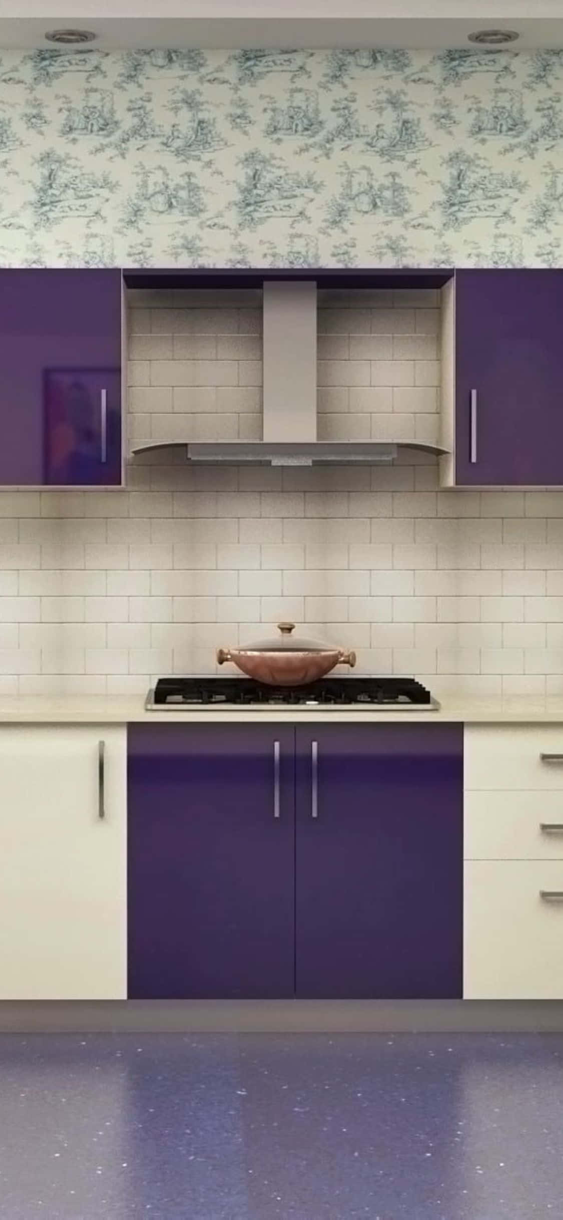kitchen 桌布 壁紙 — 一個現代廚房，配有紫色櫥櫃、白色地鐵磚和爐灶上方的藍色托伊爾圖案壁紙。