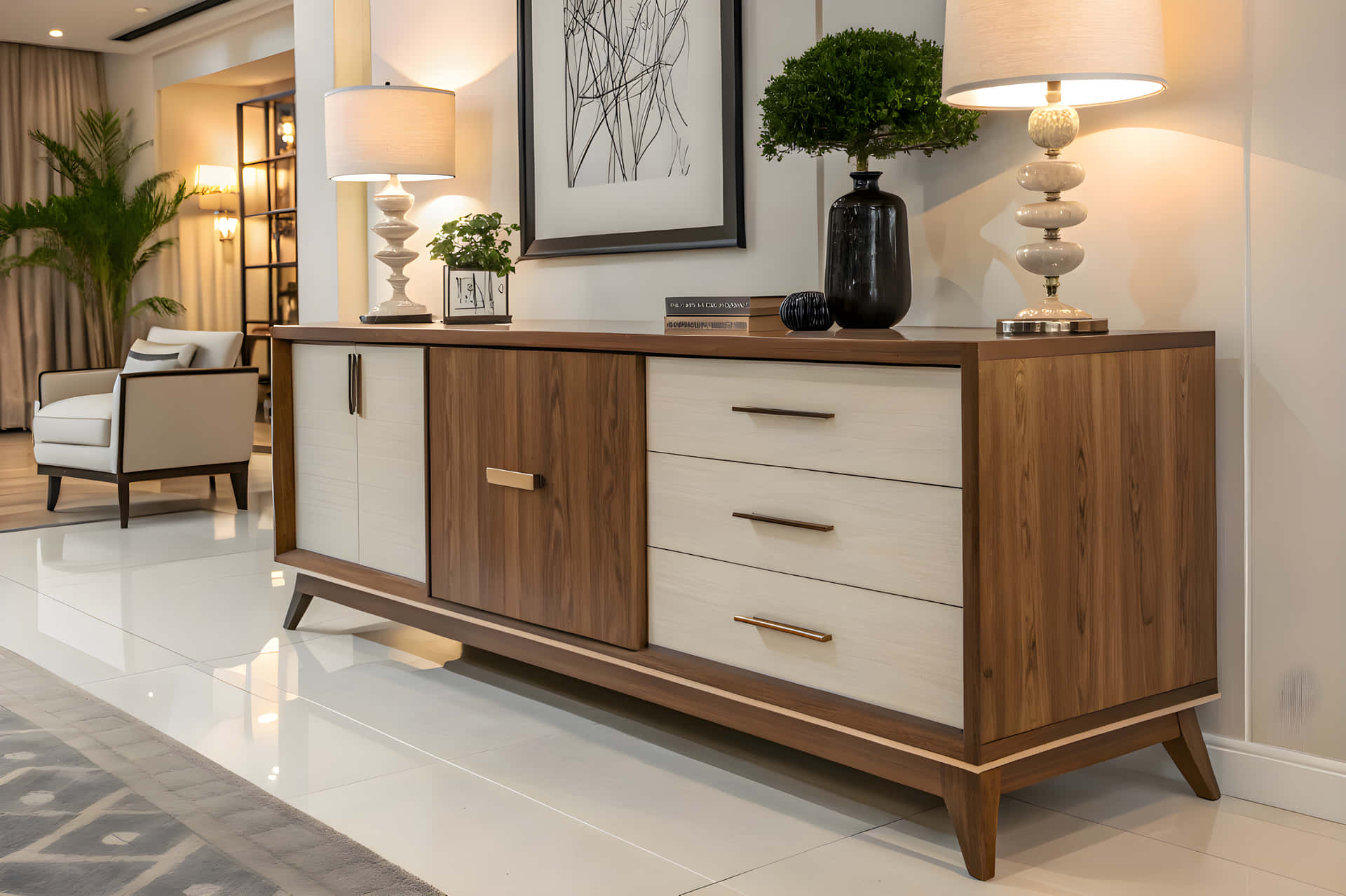Beautiful furniture model and  designs 壁紙 — 一個現代木製邊櫃，帶有白色抽屜和深色木質點綴，放置在一個明亮簡約的客廳中，配有燈具和綠植。