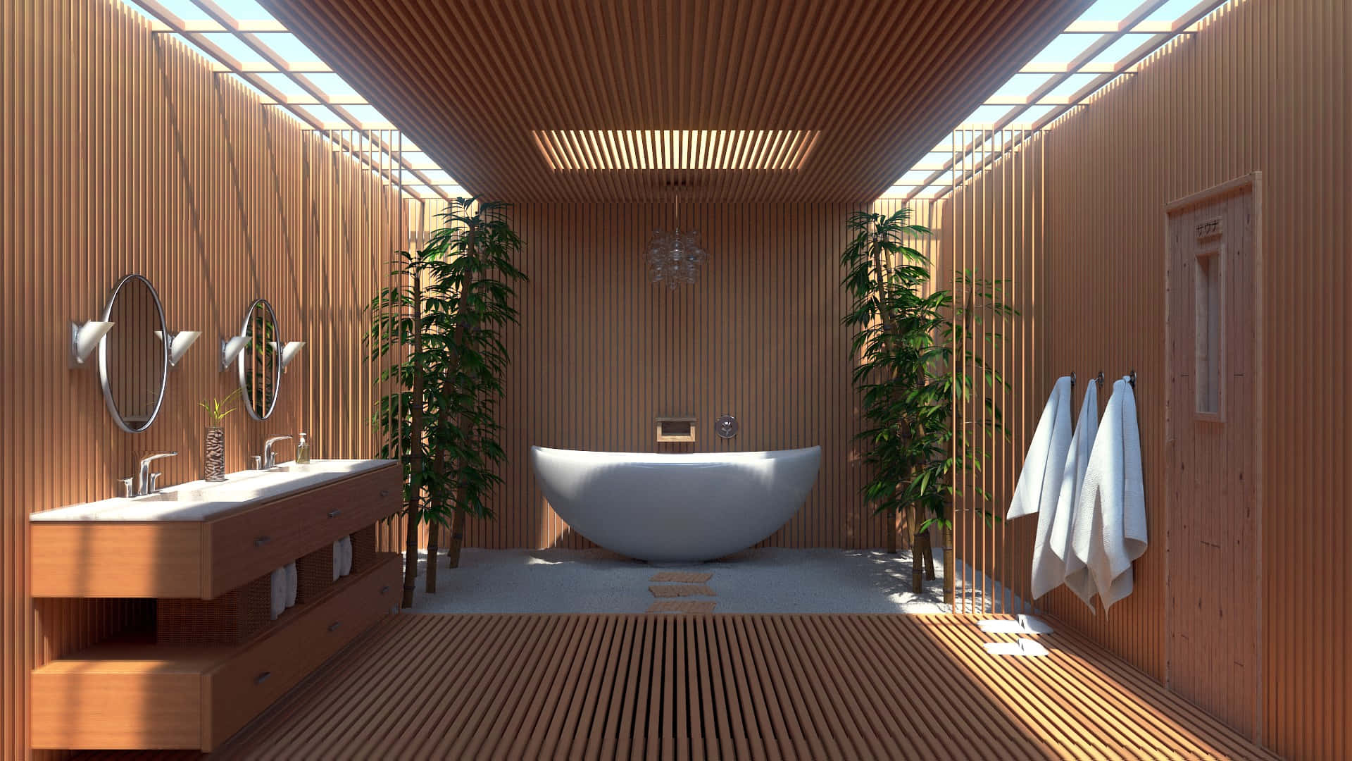 Bathroom Decor 桌布 壁紙 — 一個現代木質浴室，配有獨立式浴缸、盆栽植物，以及透過條紋天窗灑進的自然光。