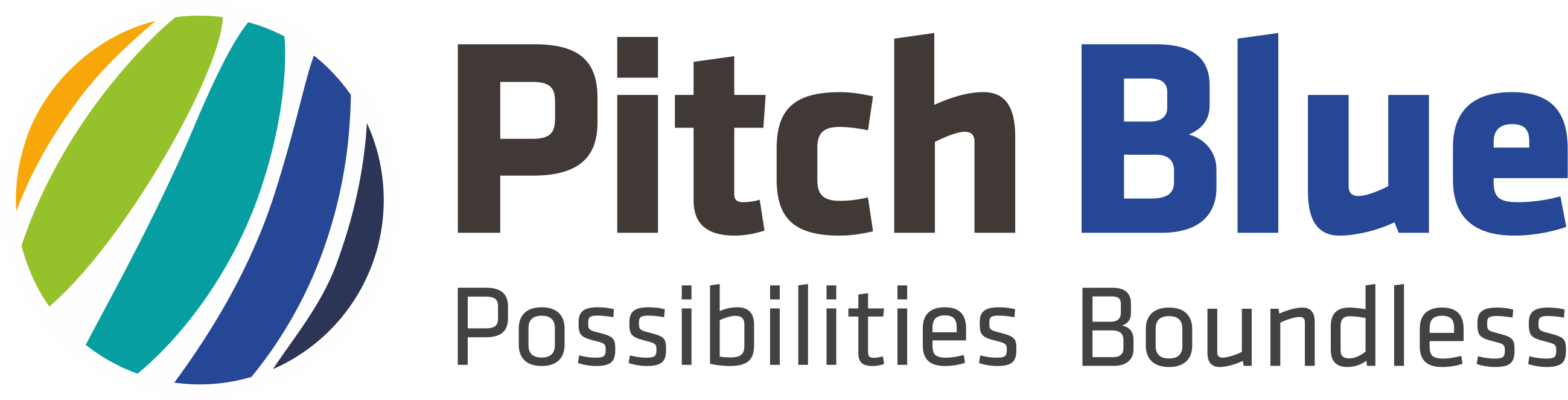 Pitch 桌布 壁紙 — 一個現代標誌，帶有彩色條紋球體和粗體文字：Pitch Blue Possibilities Boundless。