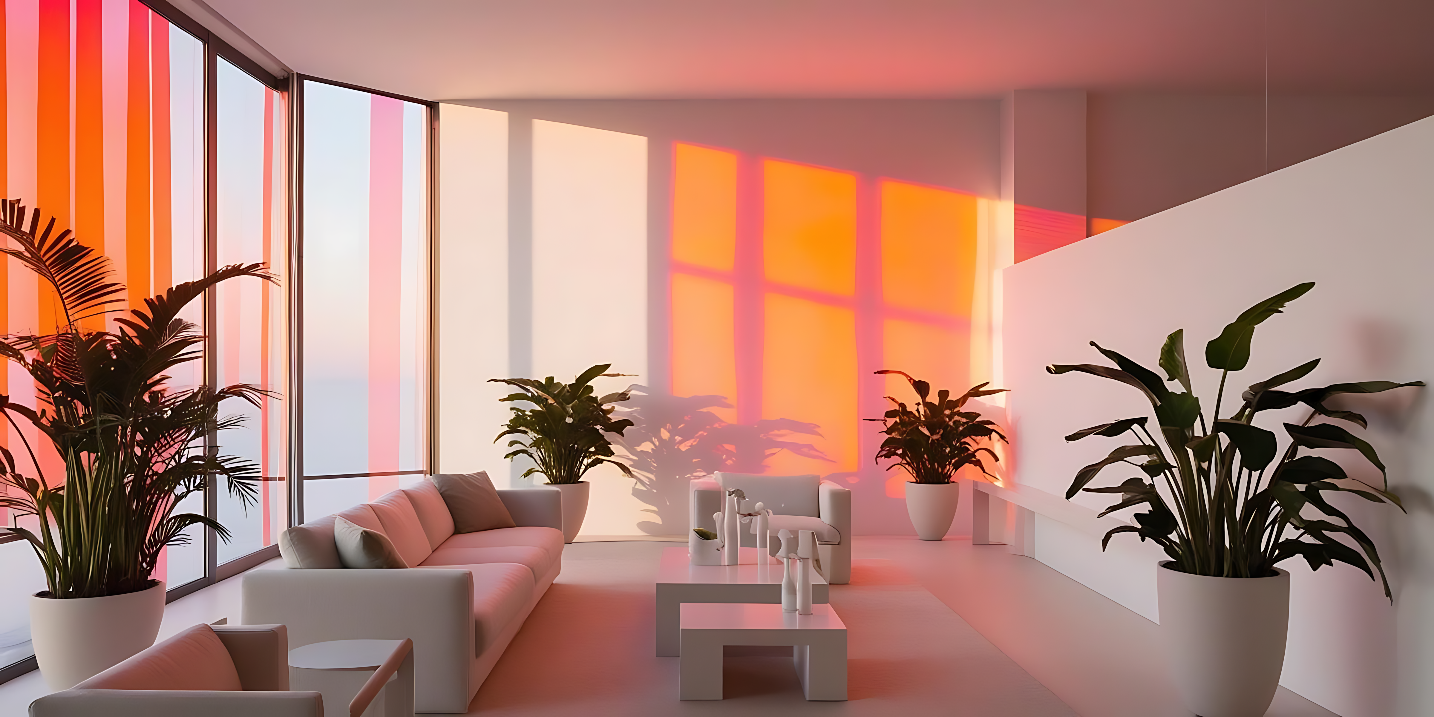 Living Room 桌布 壁紙 — 一個現代簡約的客廳，溫暖的橙色光線透過高窗照射進來，在白色牆壁和家具上投射出鮮豔的條紋。