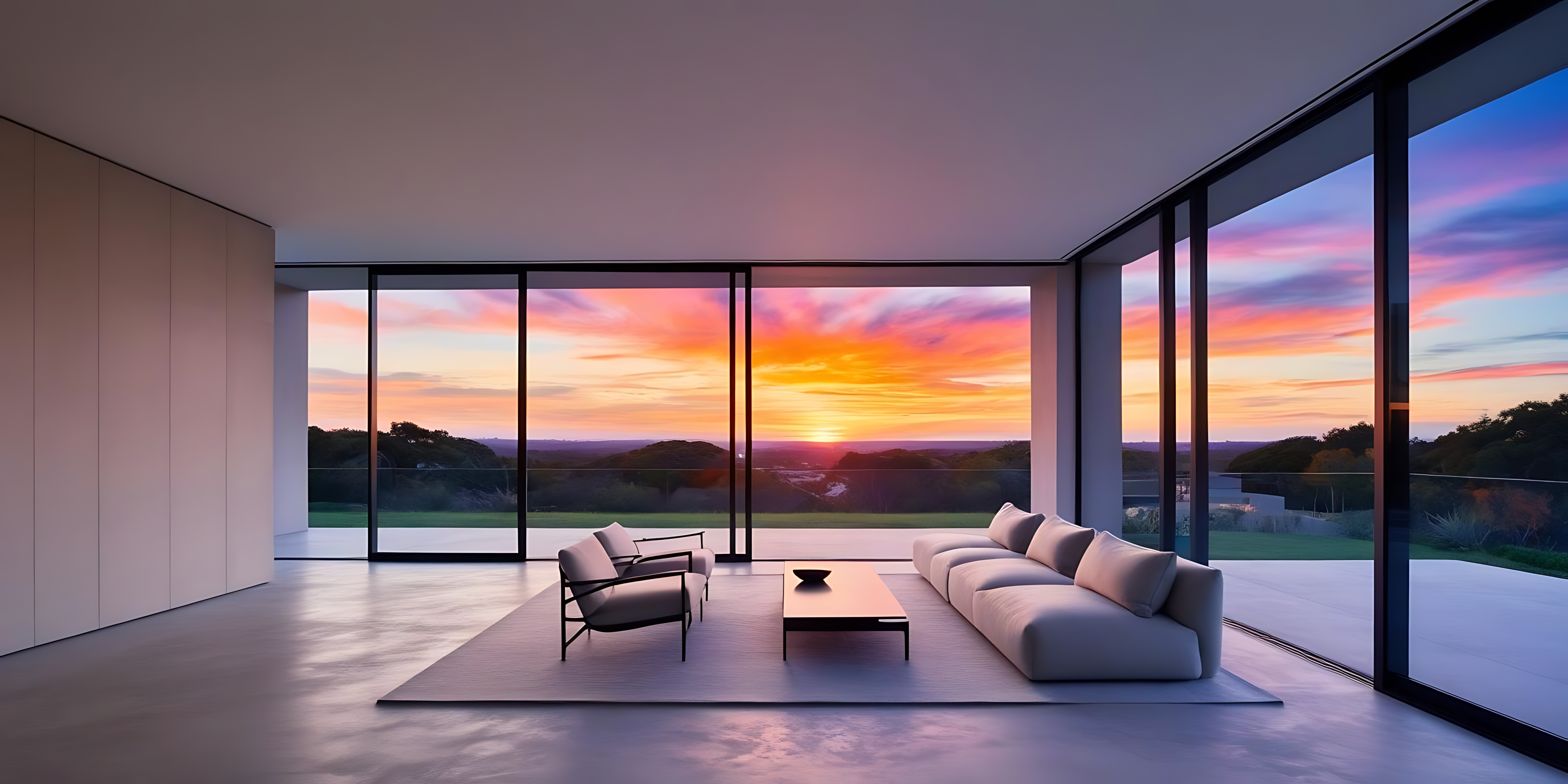 Sunset View 桌布 壁紙 — 一個現代簡約風格的客廳，落地窗框住了起伏山丘上充滿活力的日落。