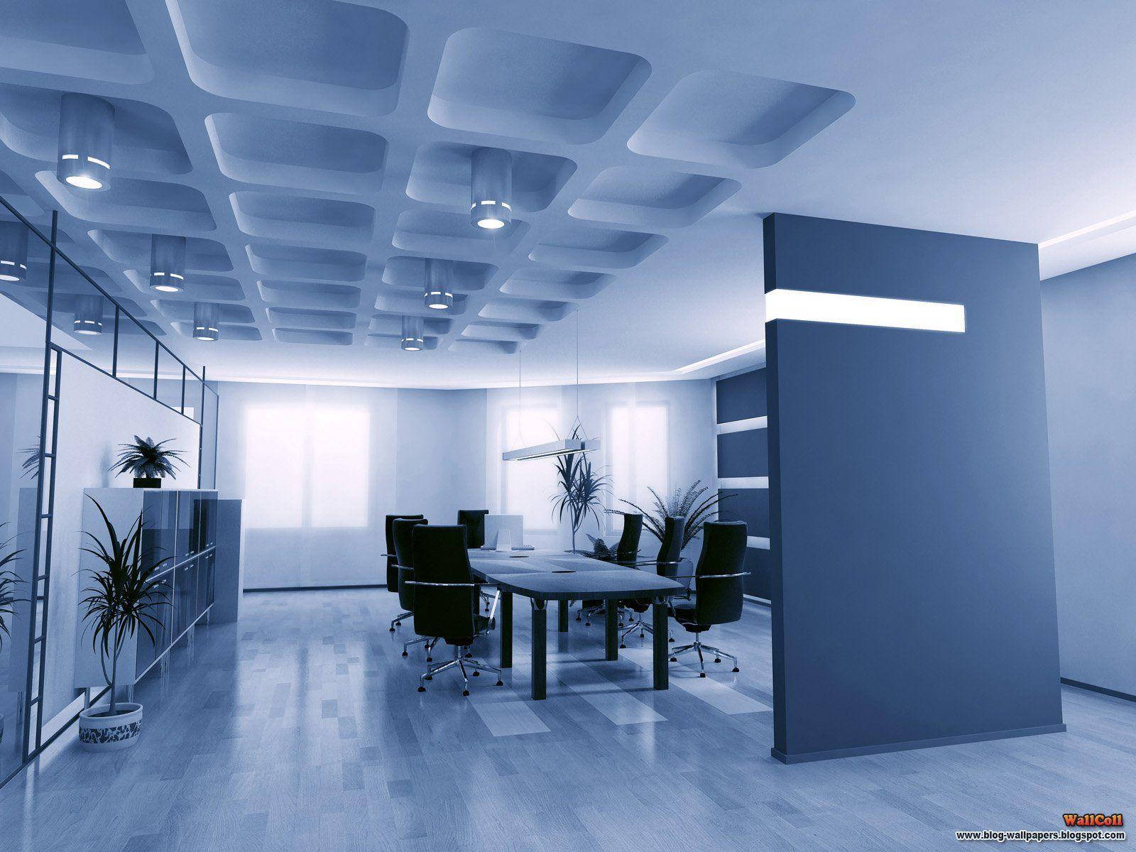 Interior Design 桌布 壁紙 — 一個現代簡約風格的辦公室，採用藍色燈光，幾何形天花板下有一張長桌，周圍擺放著黑色椅子。