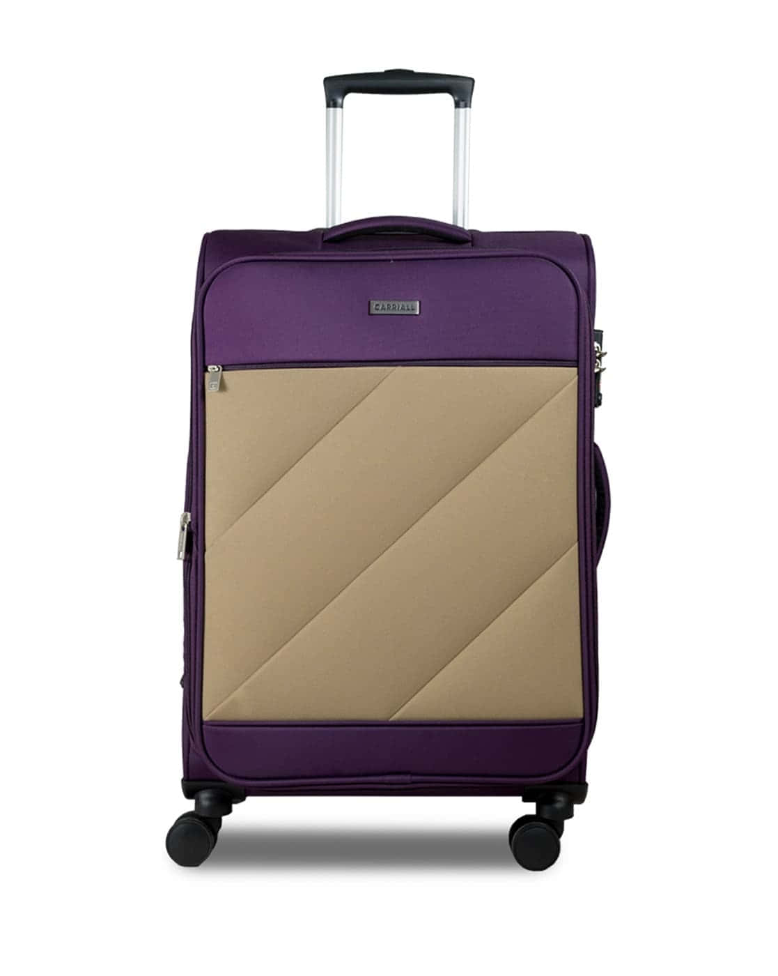 Purple Luggage 桌布 壁紙 — 一個現代紫色和米色的滾輪行李箱，帶有伸縮把手和四個輪子，立在潔白的背景前。