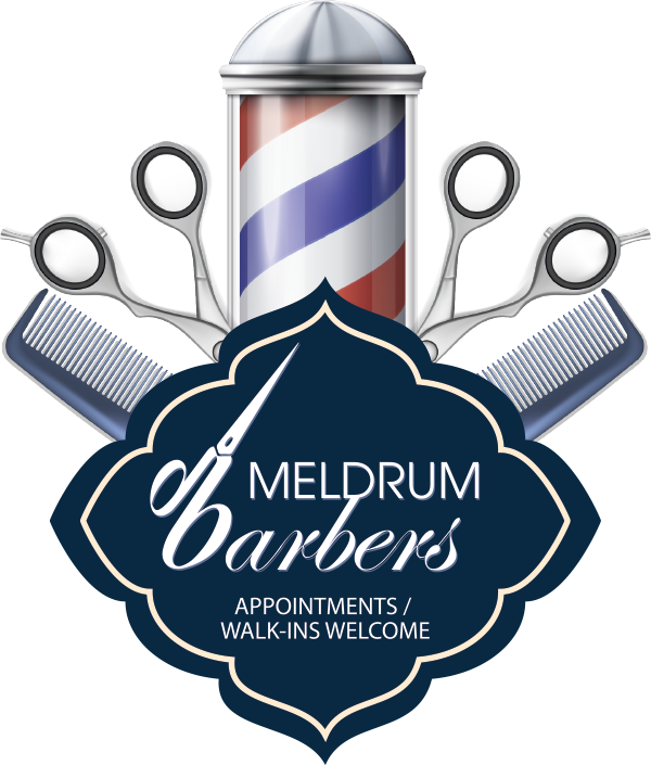 Barber Shop 桌布 壁紙 — 一個理髮店標誌，經典紅白藍條紋柱，周圍環繞剪刀和梳子，配以優雅的手寫文字。