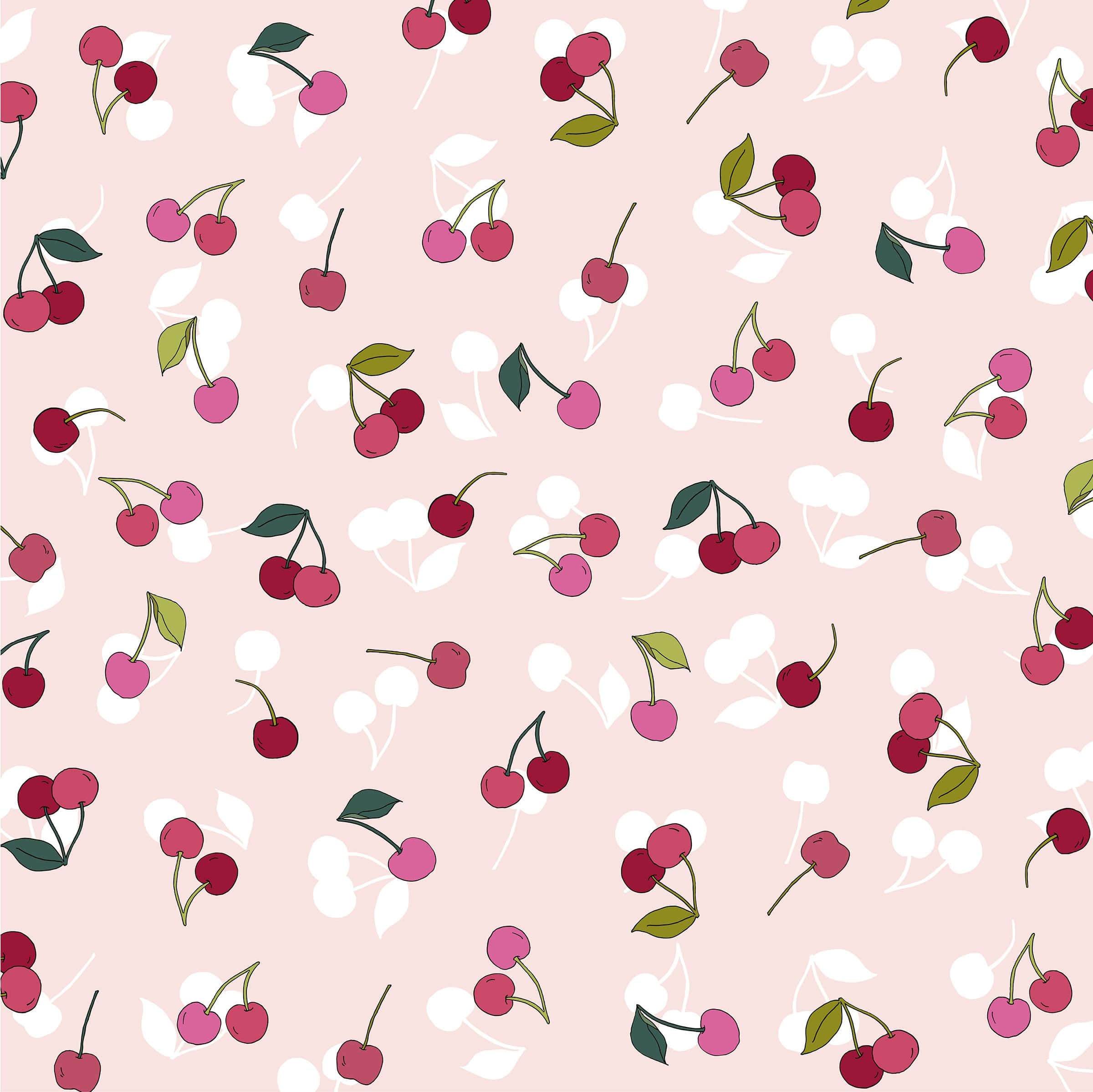 Cherry Aesthetic 桌布 壁紙 — 一個甜美的圖案，粉紅色和紅色的櫻桃配上綠葉，散落在柔和的腮紅背景上。