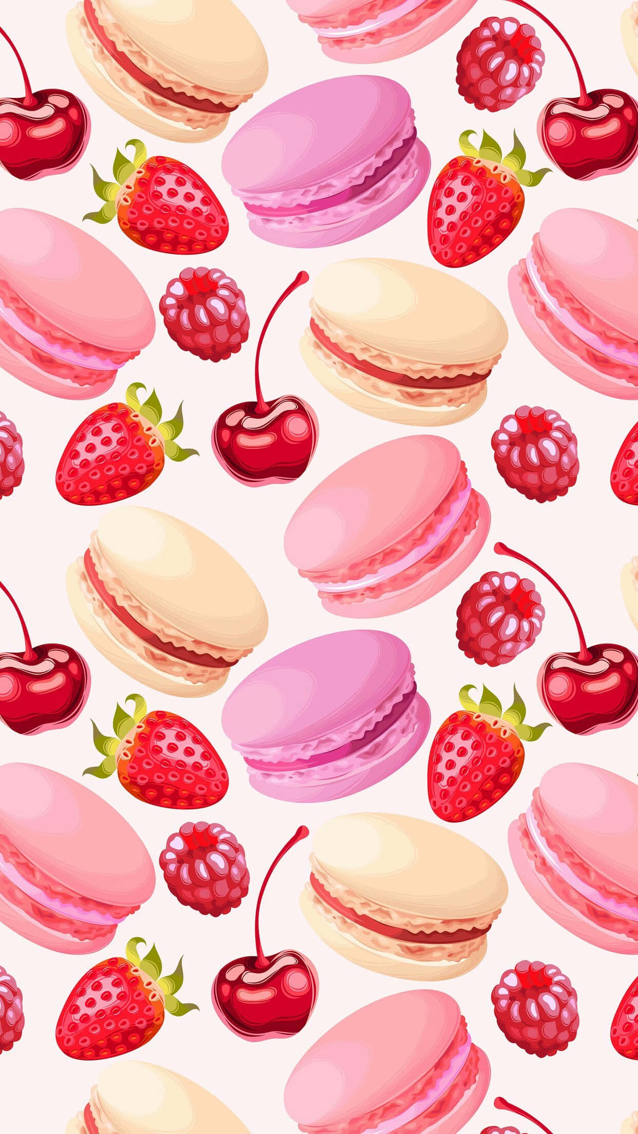 Cherry 桌布 壁紙 — 一個甜美的圖案，粉紅色馬卡龍、草莓、櫻桃和覆盆子散落在柔軟的奶油色背景上。