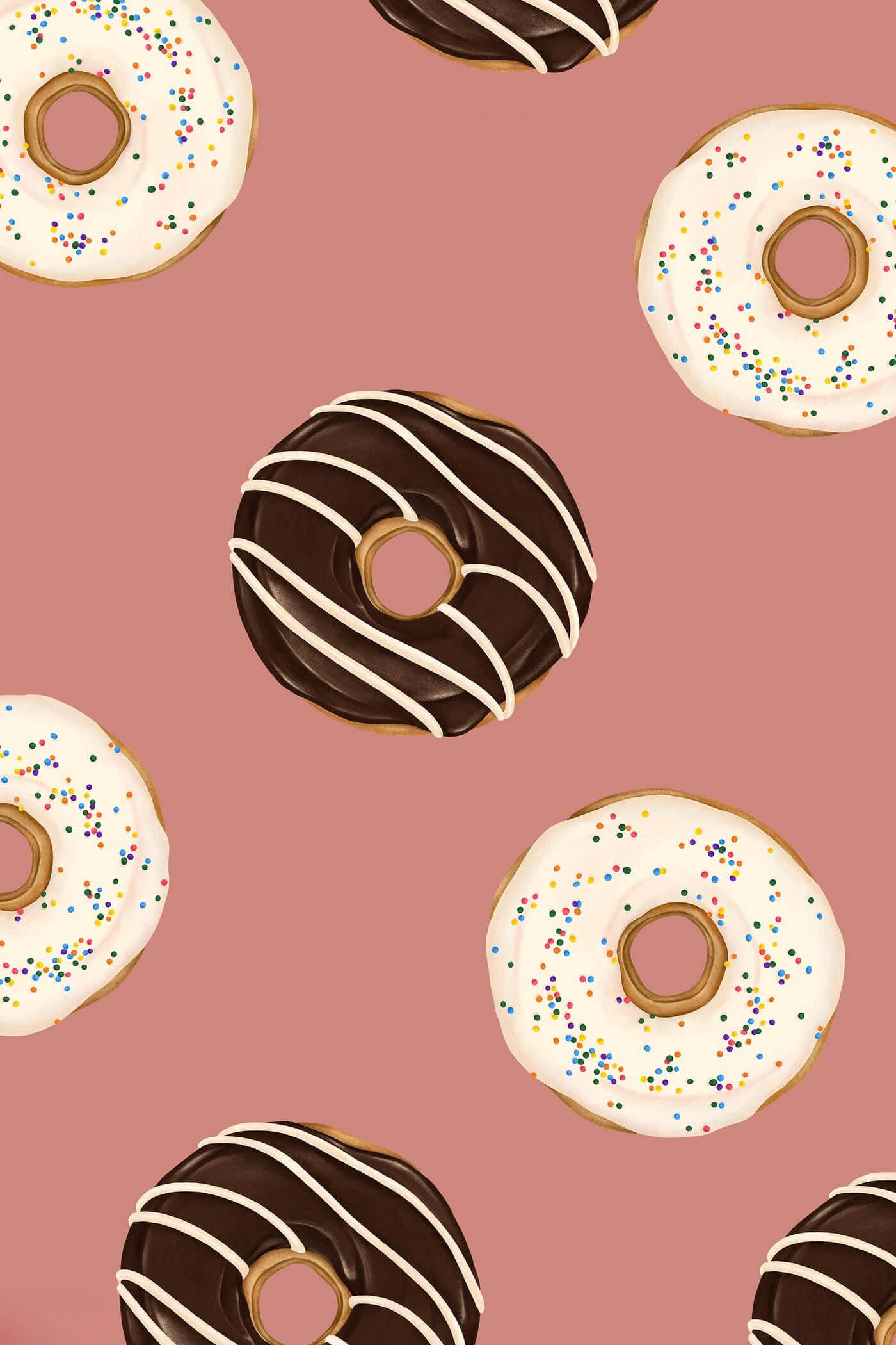 Cute Donut 桌布 壁紙 — 一個甜美的巧克力和香草甜甜圈圖案，配上色彩繽紛的糖針，在柔和的粉紅色背景上漂浮。