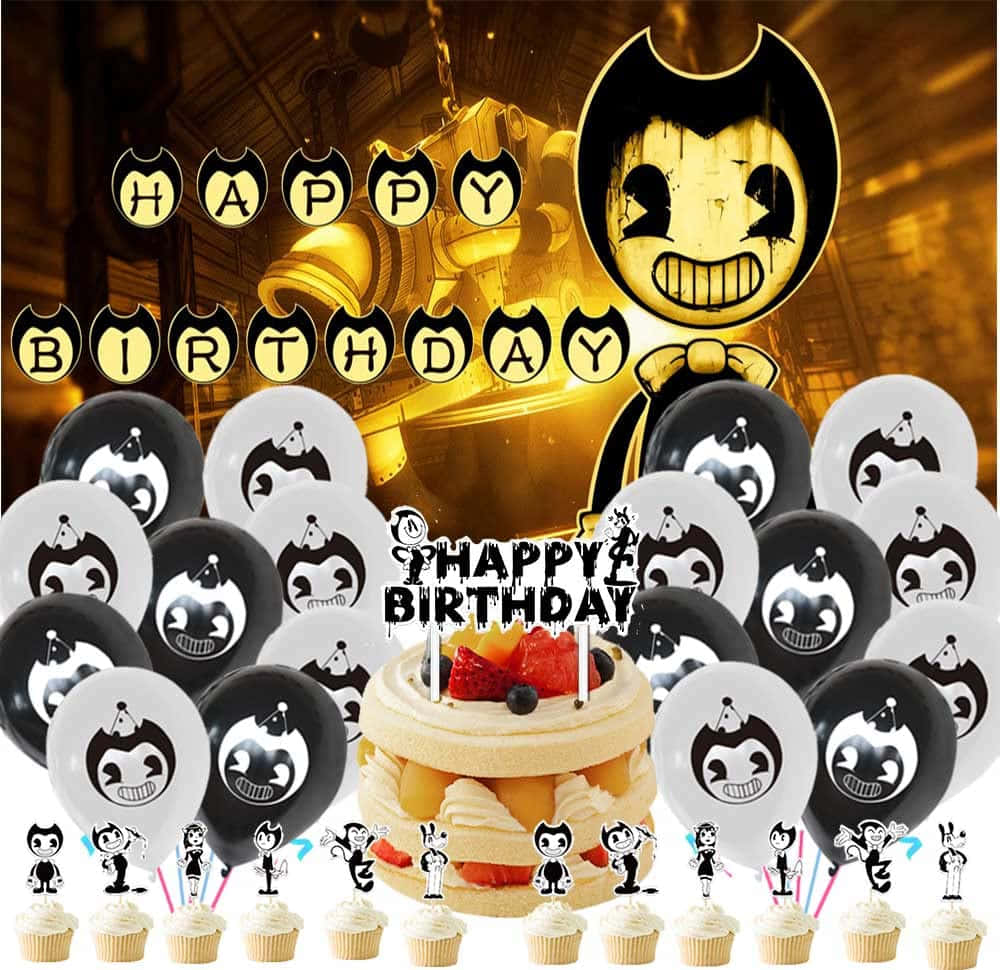 bendy and the ink machine 桌布 壁紙 — 一個生日派對佈置，以 Bendy 角色氣球、杯子蛋糕和蛋糕，搭配金色工業背景。