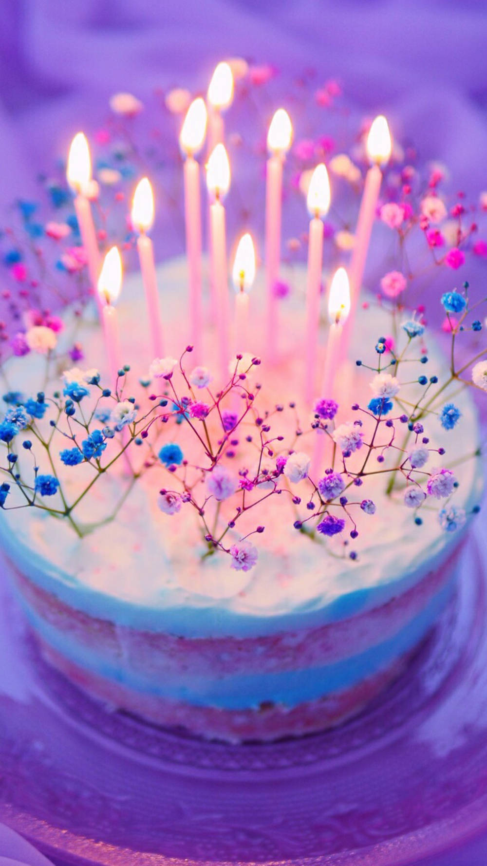一個生日蛋糕，上面有點燃的蠟燭和粉彩色的滿天星花朵。 — 生日快樂 GIF 壁紙