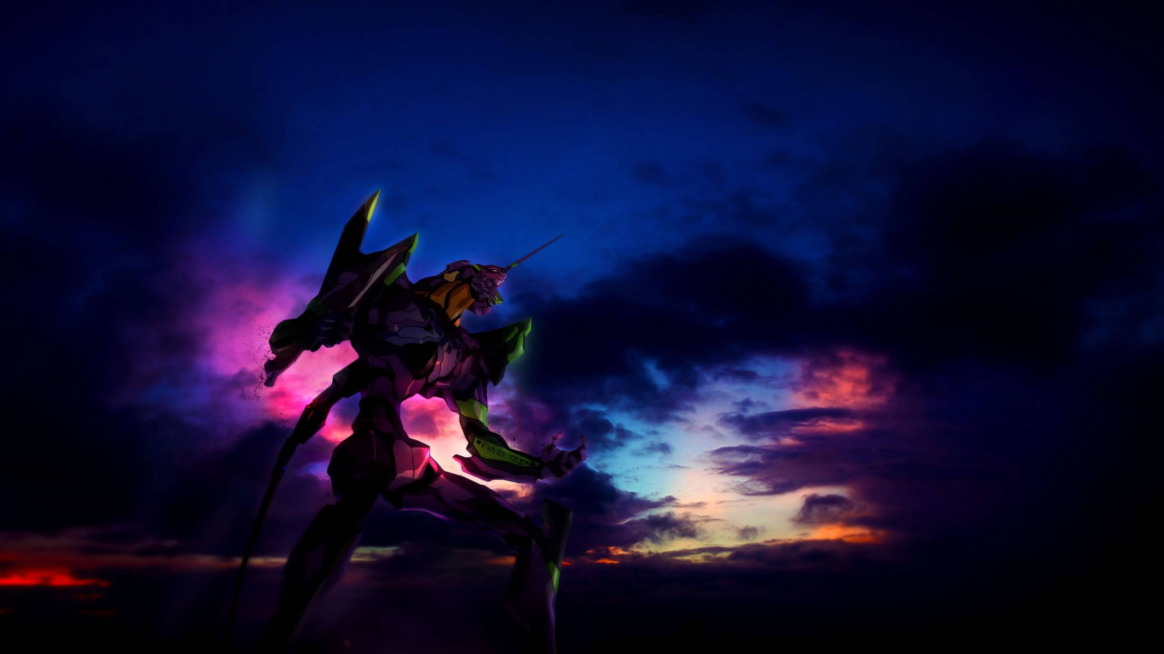 evangelion 4K 桌布 壁紙 — 一個生物力學機甲以剪影姿態站立，背景是散發著紫色、橙色和藍色色調的戲劇性暮色天空。
