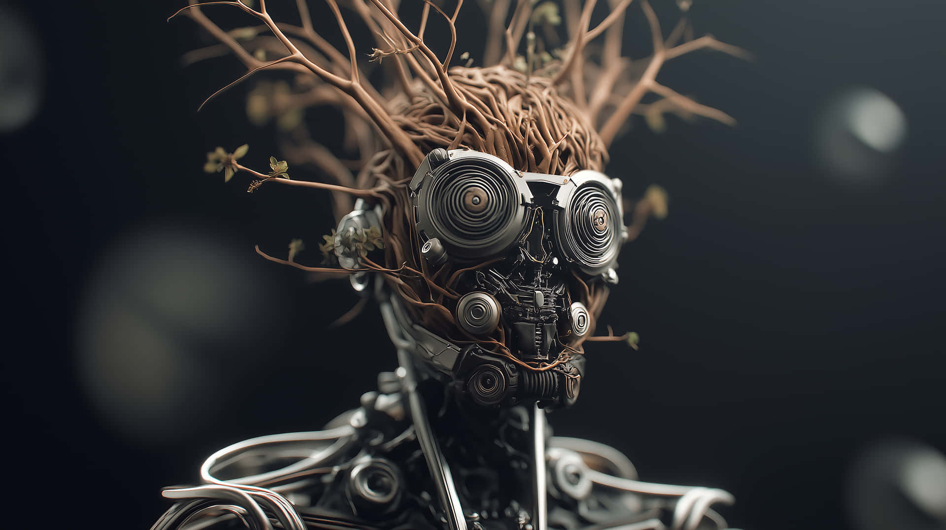 Intricate Cybernetic Being with Organic Tree Root Features 壁紙 — 一個生物機械實體，頭部長出樹枝，並有複雜的金屬眼睛，背景為深色。